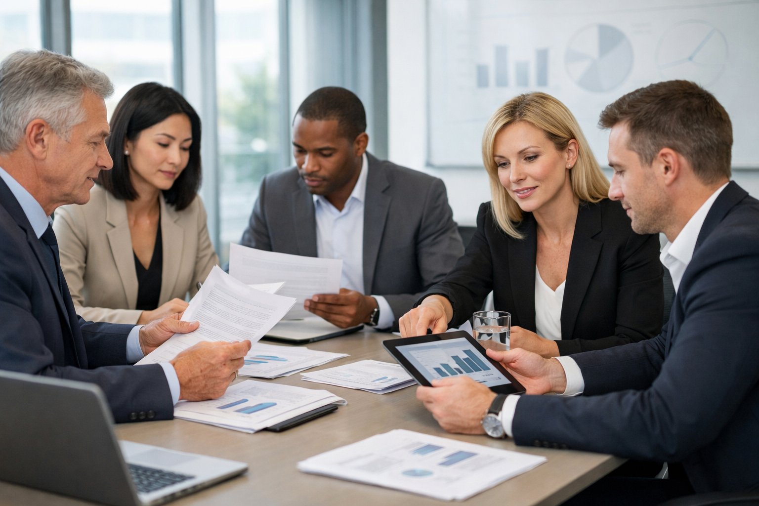 Des professionnels en réunion autour d'une table de conférence examinant des documents et discutant dans un bureau lumineux.