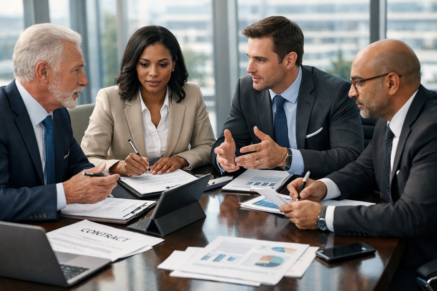 Un groupe de professionnels en réunion autour d'une table de conférence, discutant sérieusement des étapes clés d'une négociation.