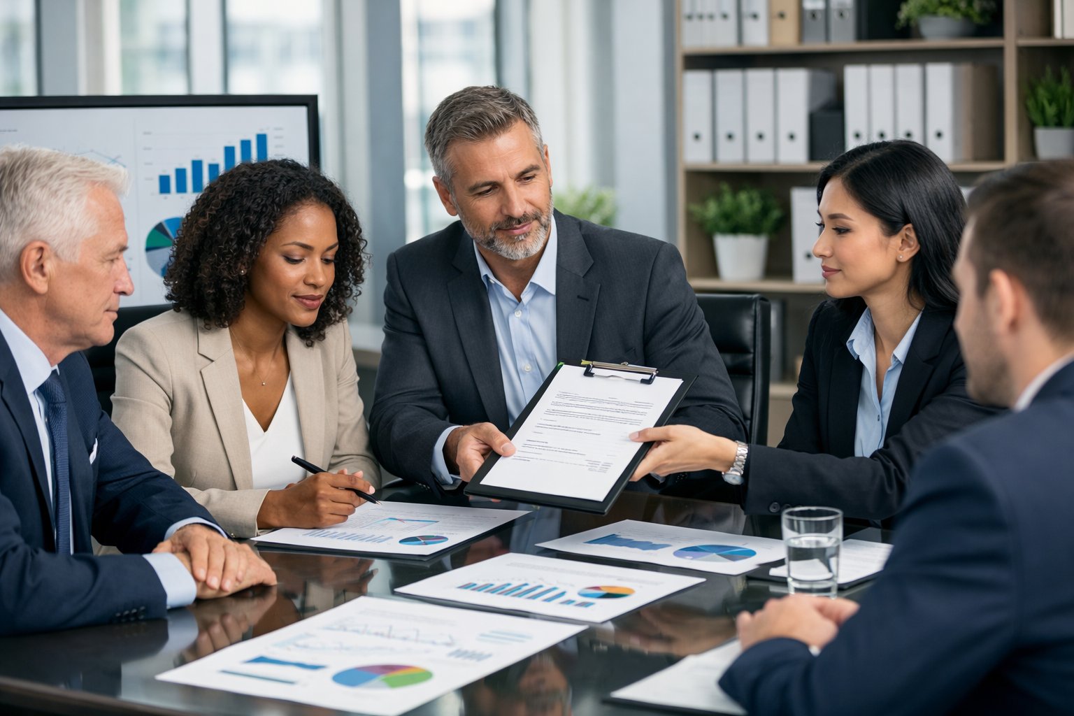 Une réunion d'affaires avec des professionnels discutant autour d'une table dans une salle de conférence moderne.