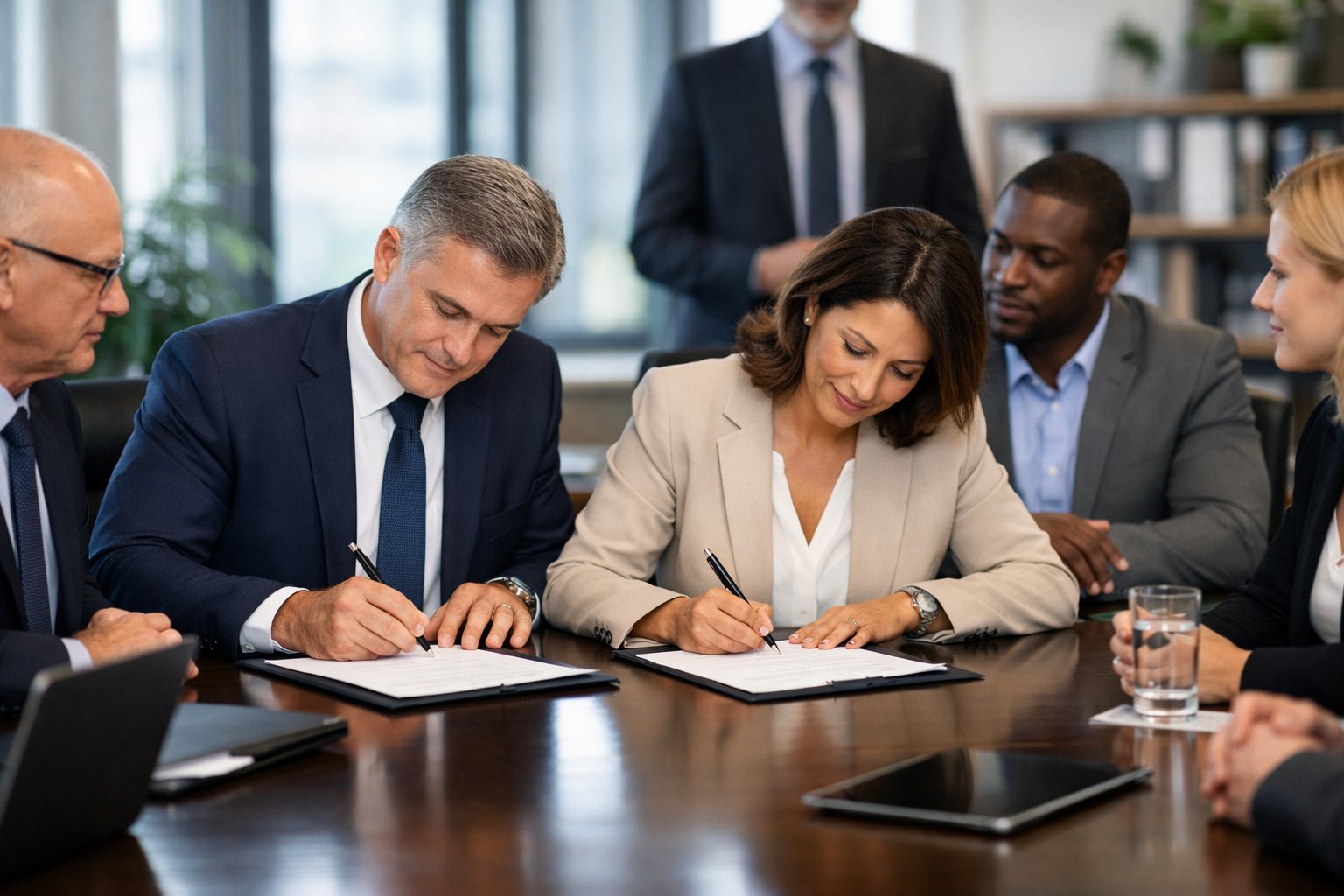 Des professionnels en réunion signant un accord officiel autour d'une table de conférence dans un bureau moderne.