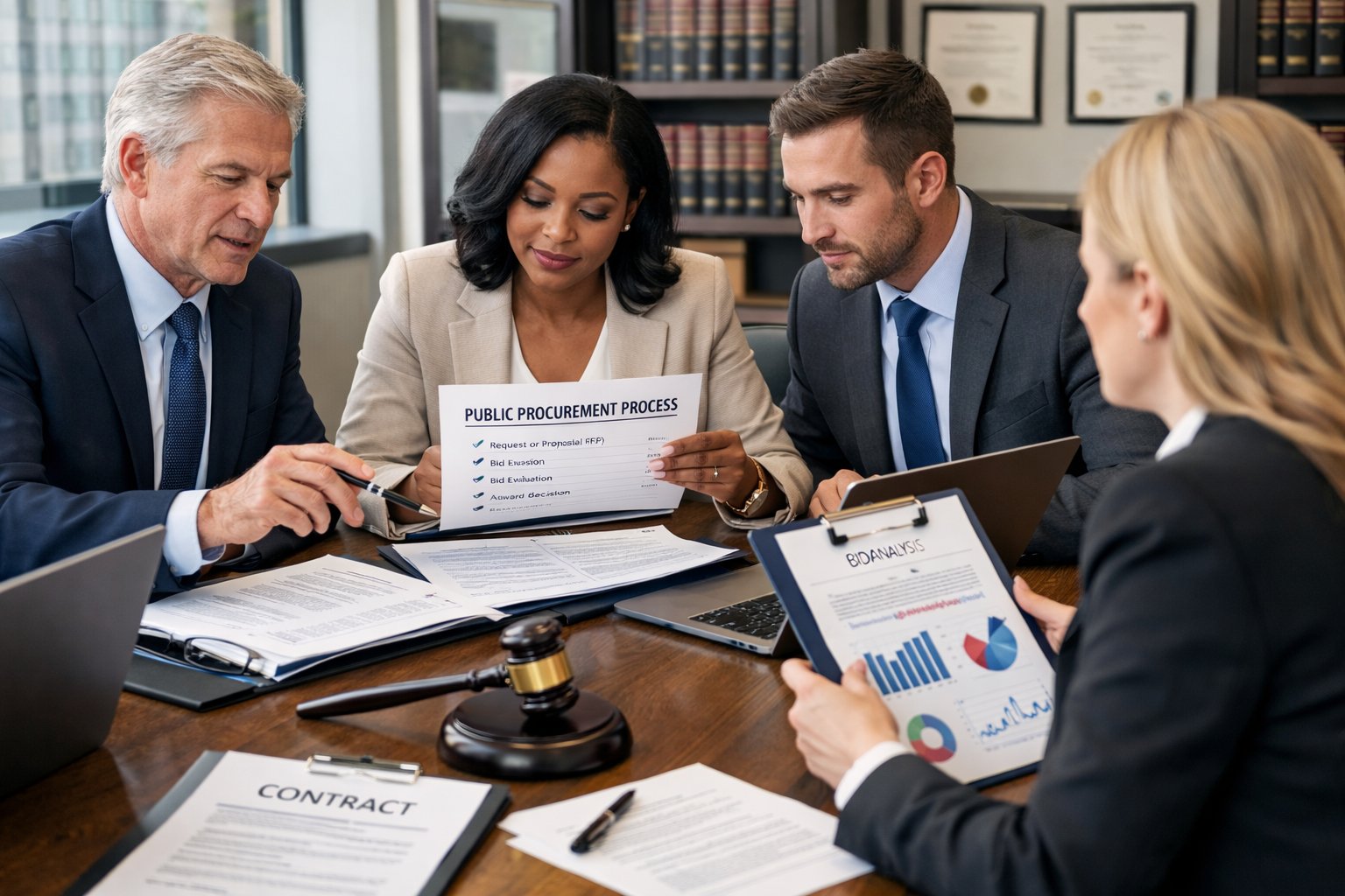 Un groupe de professionnels en réunion autour d'une table, examinant des documents et discutant d'une procédure administrative.