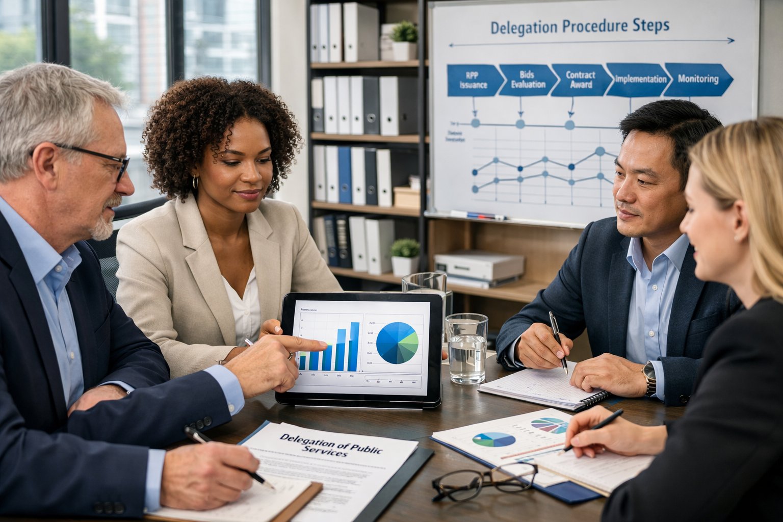 Une réunion professionnelle avec plusieurs personnes autour d'une table de conférence discutant de documents et de graphiques liés au suivi d'une procédure de passation.