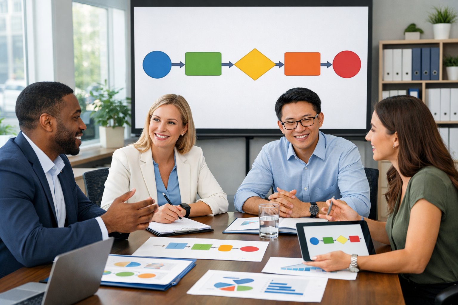 Des professionnels en réunion autour d'une table de conférence discutant des étapes clés d'une procédure de passation dans un bureau moderne.