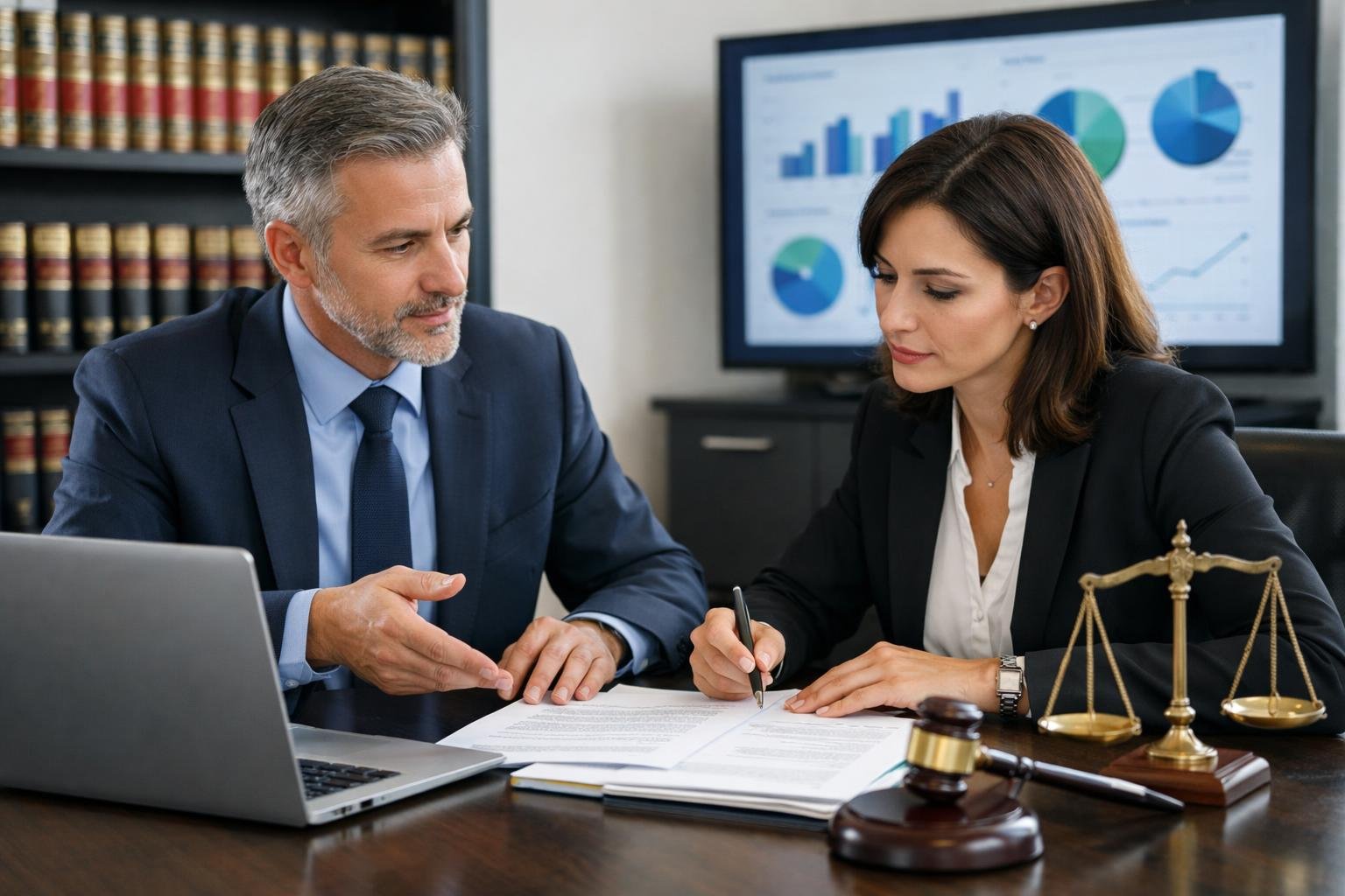 Deux professionnels en bureau discutant de documents juridiques liés à un litige.