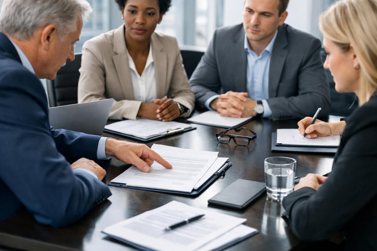 Des professionnels en réunion autour d'une table de conférence discutant de contrats dans un bureau moderne.