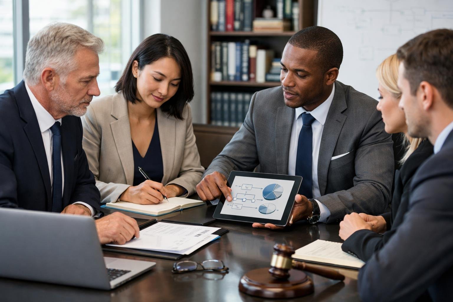 Des professionnels en réunion autour d'une table discutant de dossiers juridiques dans un bureau moderne lumineux.
