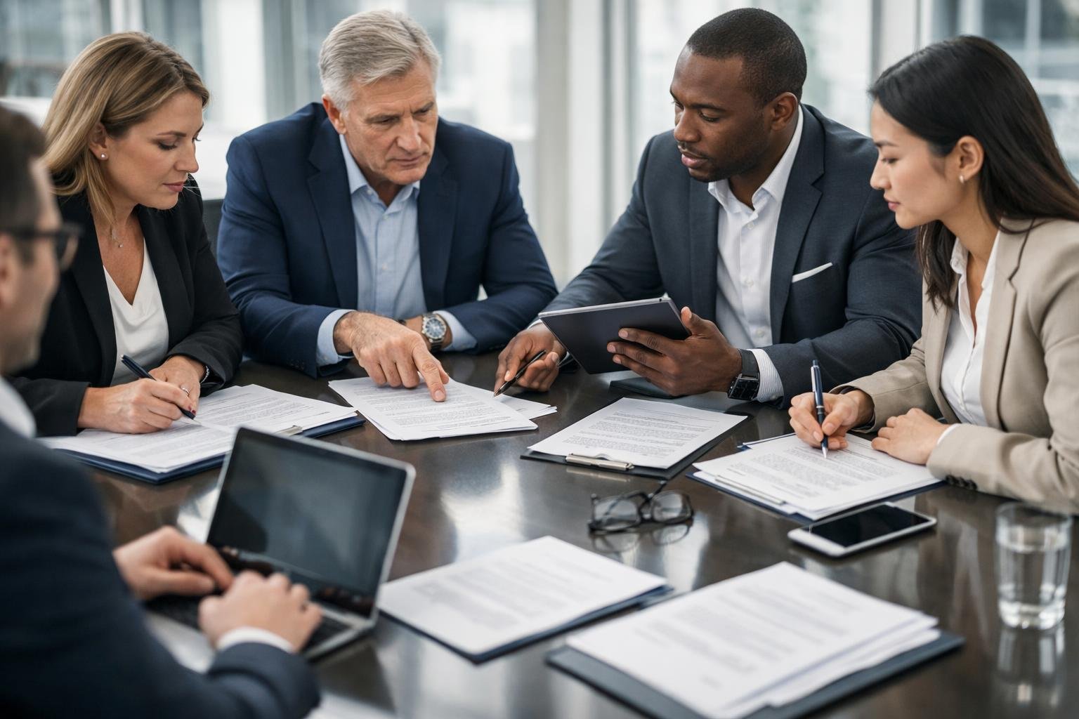 Des professionnels en réunion autour d'une table de conférence, examinant des documents juridiques dans un bureau lumineux.