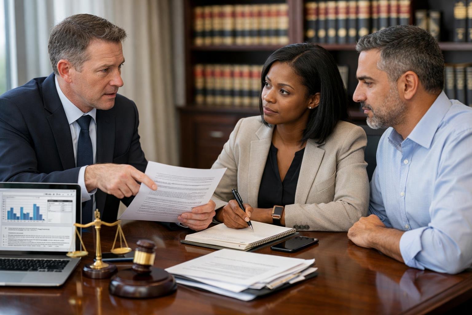 Trois professionnels discutant de documents juridiques dans un bureau moderne, en train de résoudre un litige urgent lié à une délégation de service public.