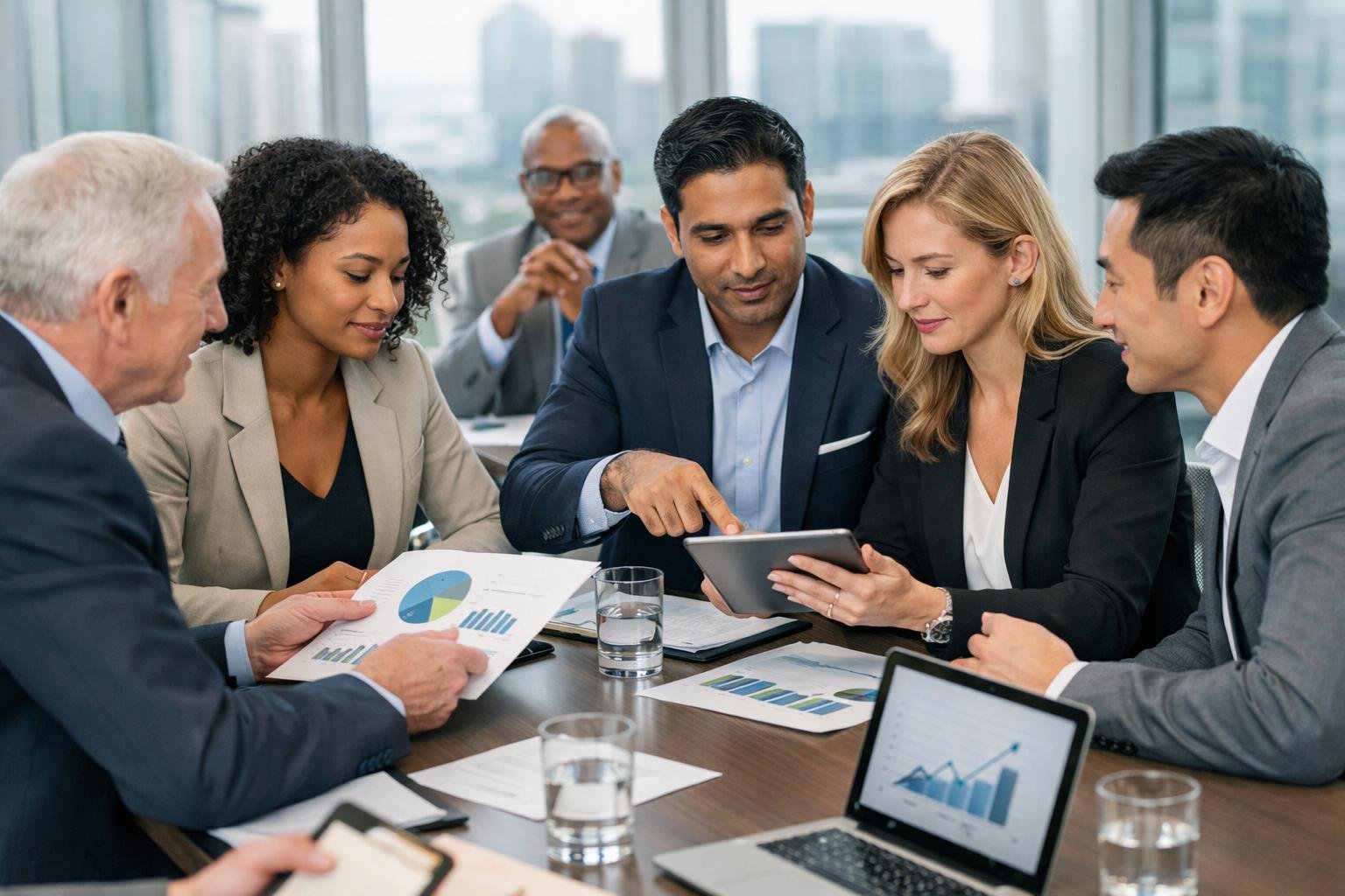 Des professionnels en réunion autour d'une table de conférence, discutant des documents dans un bureau moderne lumineux.