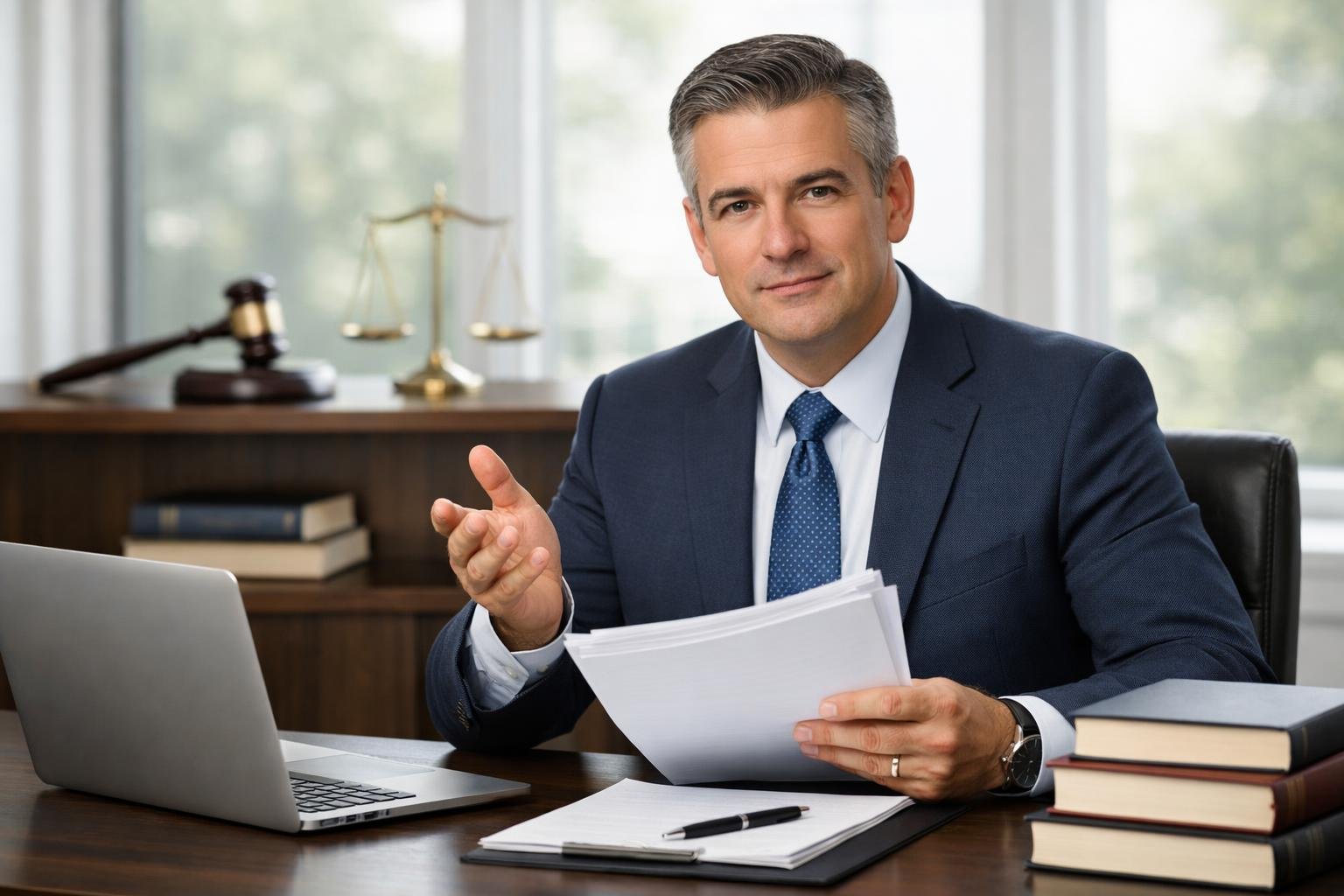 Un avocat professionnel dans un bureau lumineux, tenant des documents juridiques avec un marteau de juge et une balance de la justice en arrière-plan.