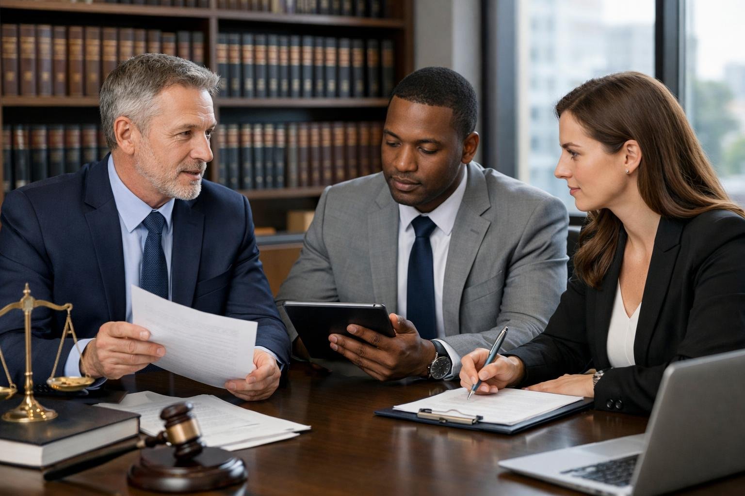 Trois professionnels discutant autour d'une table dans un bureau moderne, examinant des documents pour résoudre un litige.