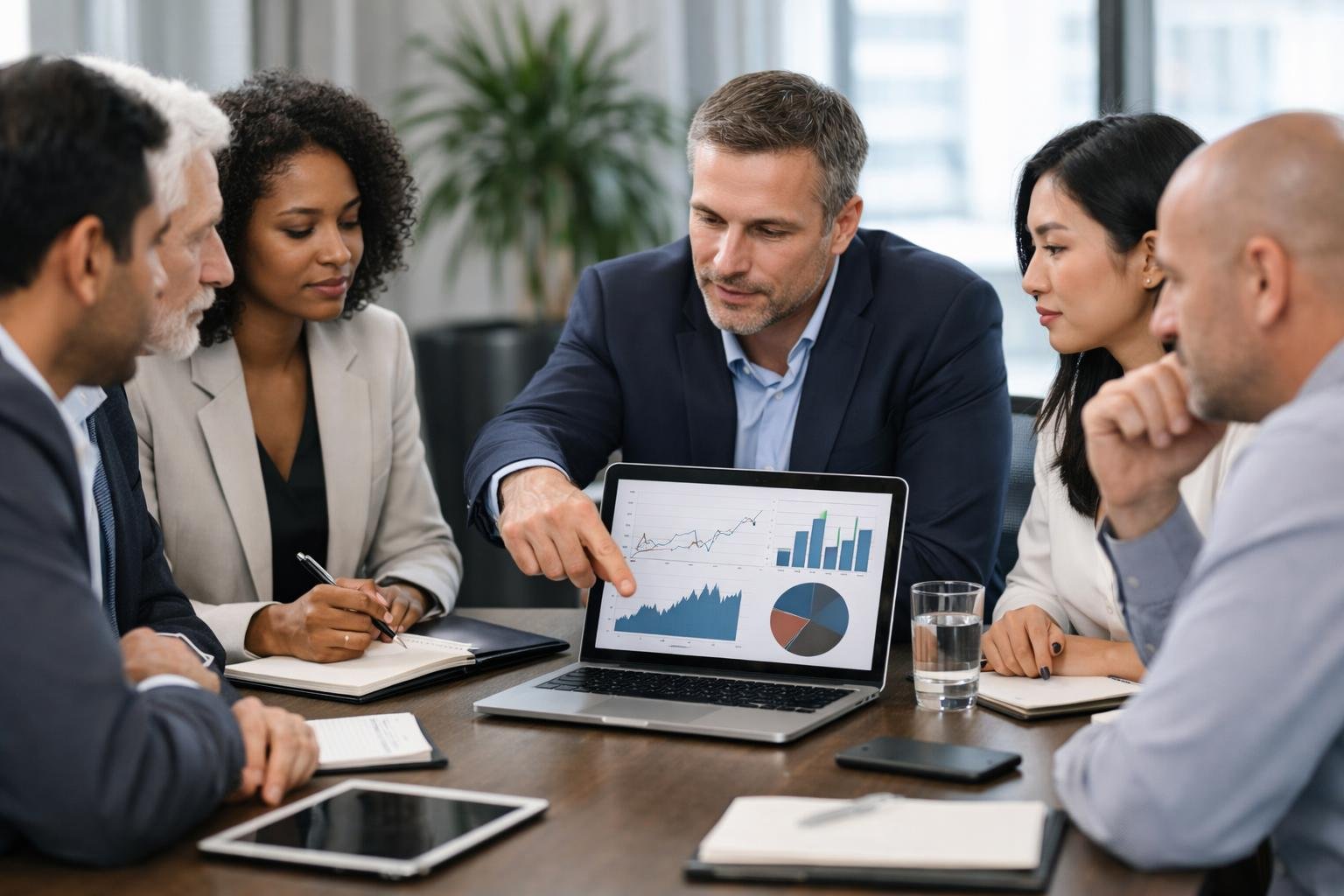Un groupe de professionnels en réunion autour d'une table dans un bureau moderne, discutant sérieusement et examinant des graphiques sur un ordinateur portable.