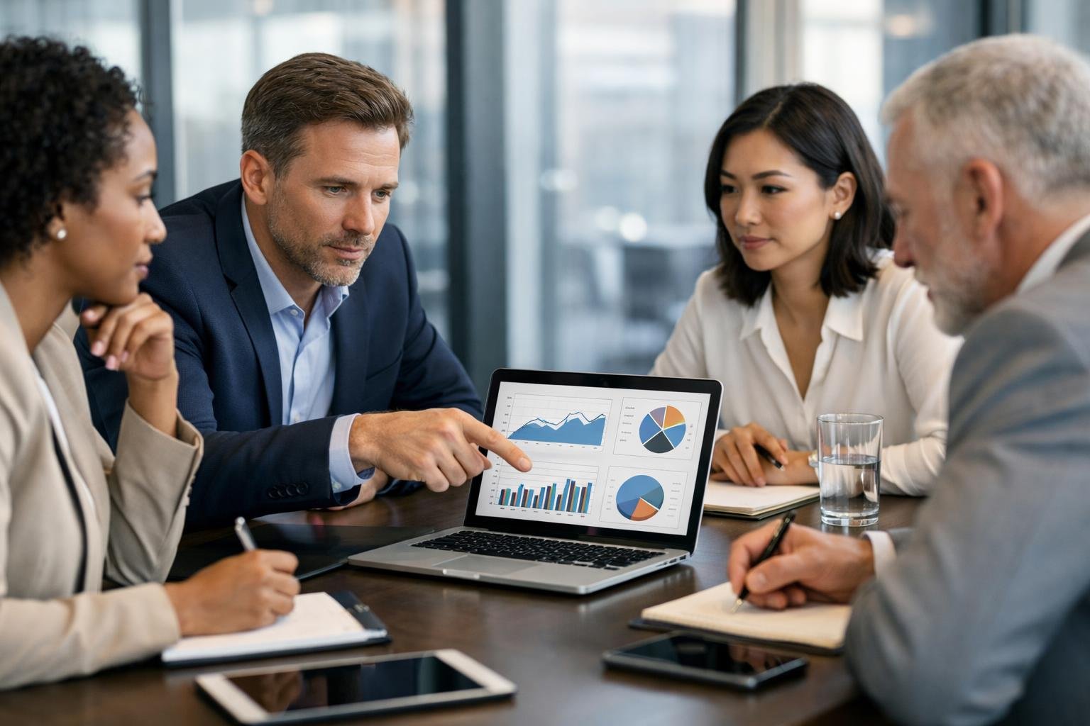 Un groupe de professionnels en réunion autour d'une table de conférence, discutant sérieusement et examinant des données sur un ordinateur portable.