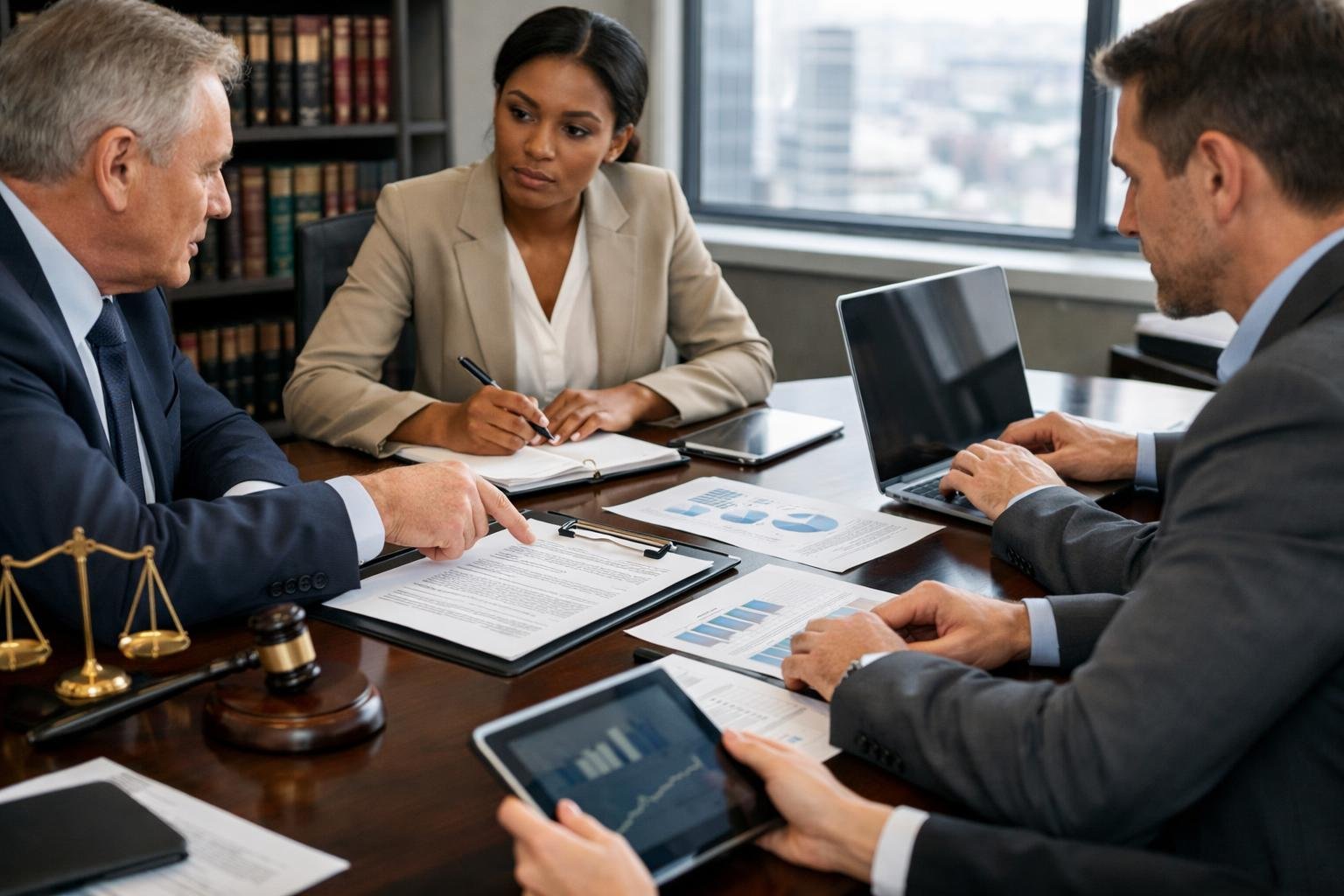 Un groupe de professionnels en réunion autour d'une table, discutant de documents dans un bureau moderne lumineux.