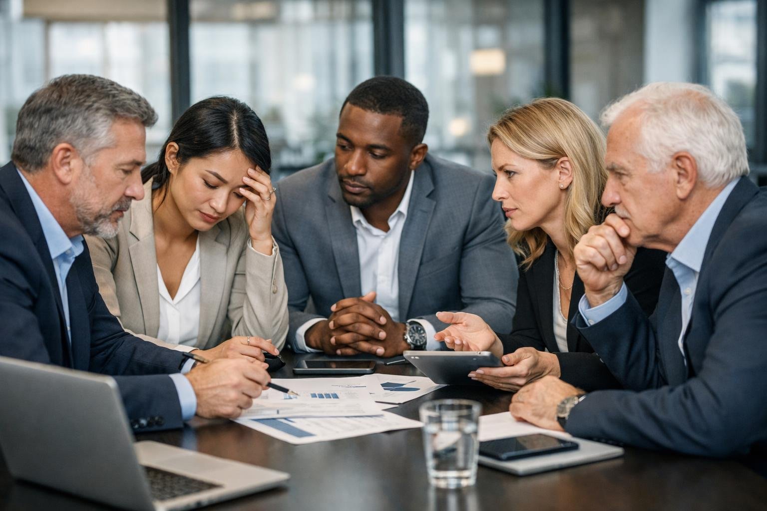 Un groupe de professionnels en réunion dans un bureau moderne, discutant sérieusement autour d'une table de conférence.
