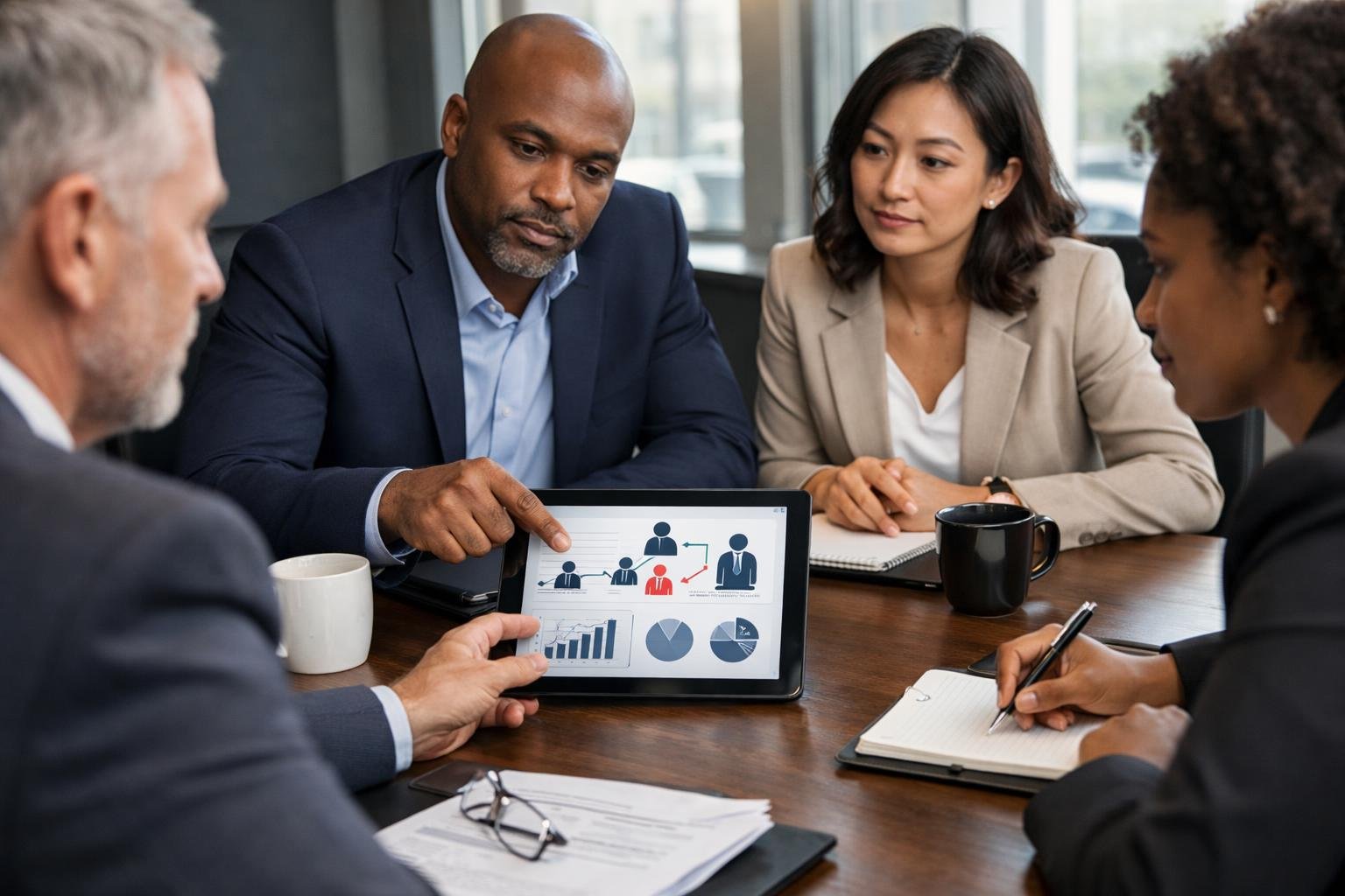 Un groupe de professionnels en réunion discutant du remplacement d’un membre défaillant dans une salle de conférence moderne.