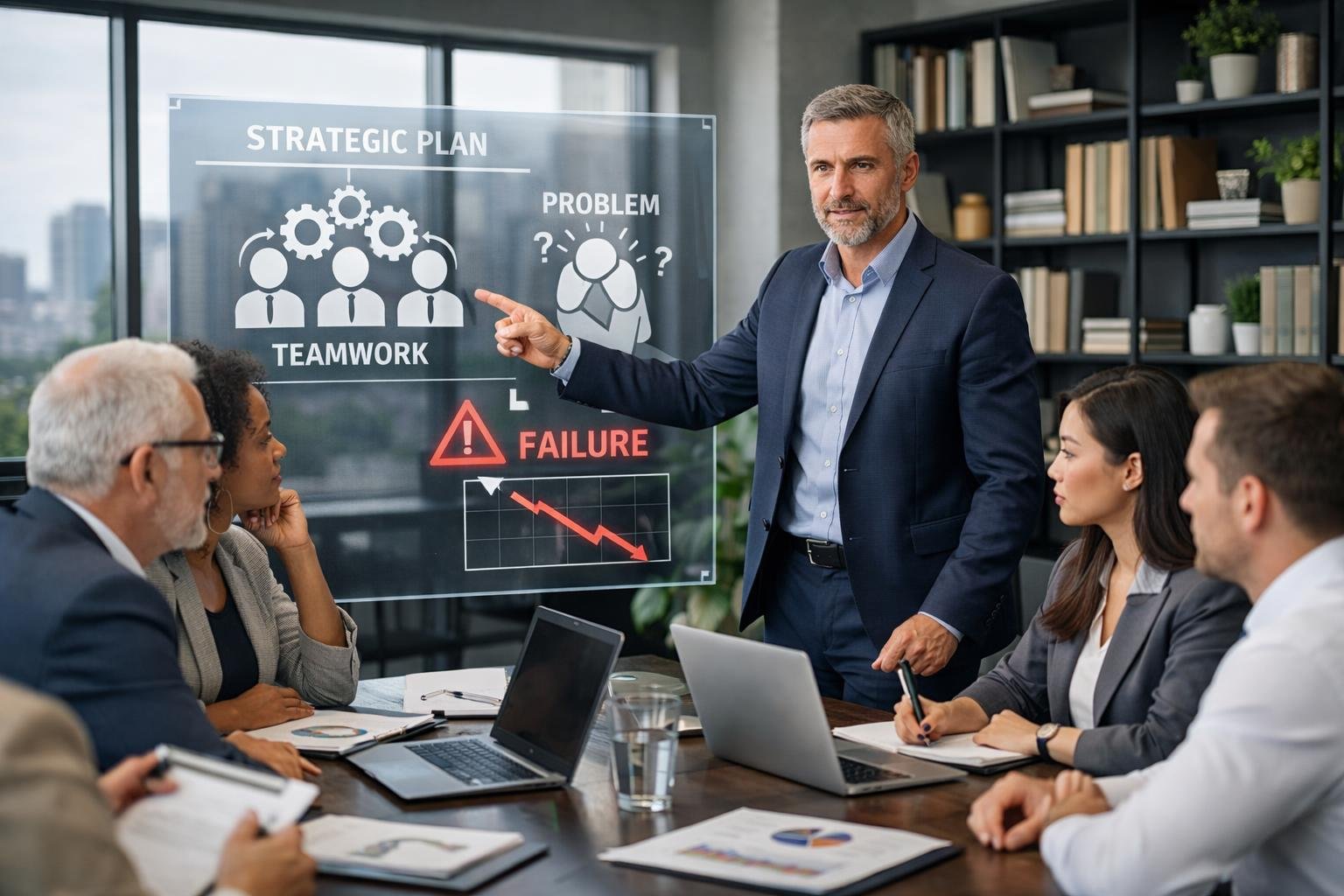 Des professionnels en réunion autour d'une table de conférence, discutant et collaborant dans un bureau moderne.