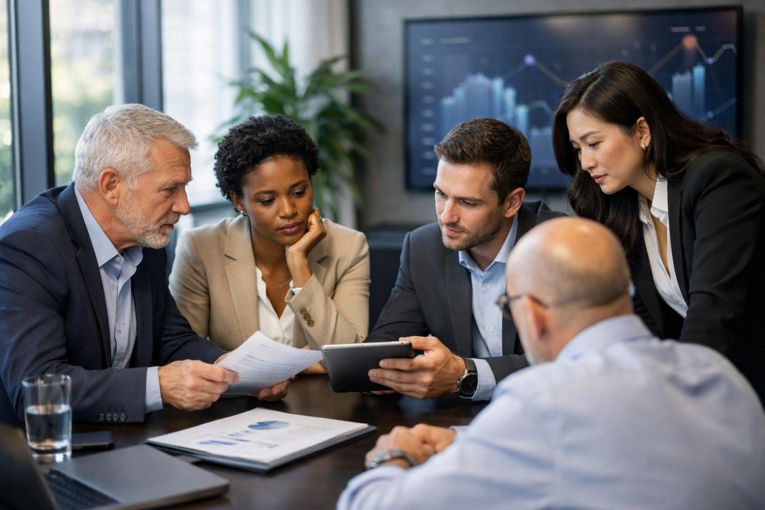 Un groupe de professionnels en réunion dans un bureau moderne, discutant et collaborant autour d'une table pour gérer un problème au sein d'un groupe.