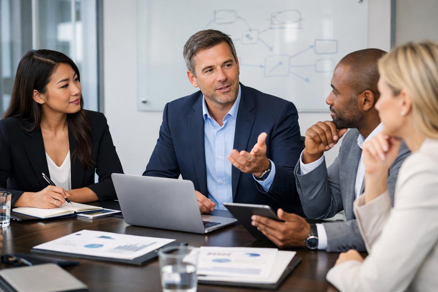 Un groupe de professionnels en réunion autour d'une table, discutant et collaborant dans un bureau moderne.