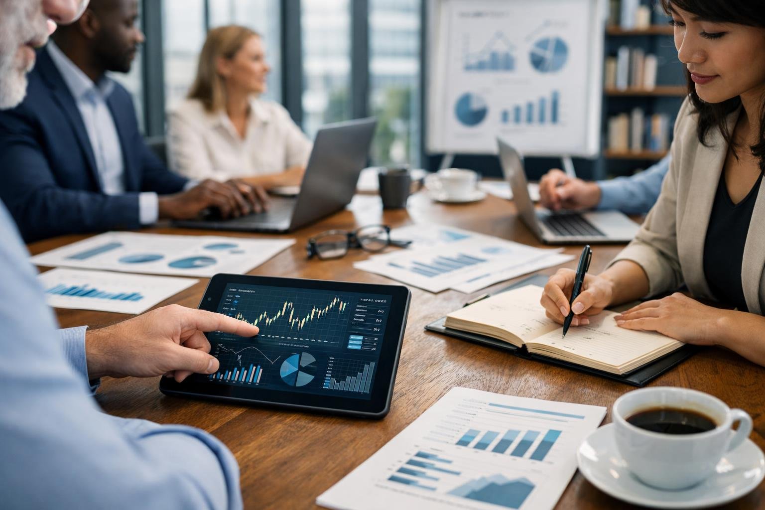 Un groupe de professionnels travaillant ensemble autour d'une table avec des ordinateurs portables et des graphiques financiers dans un bureau moderne.