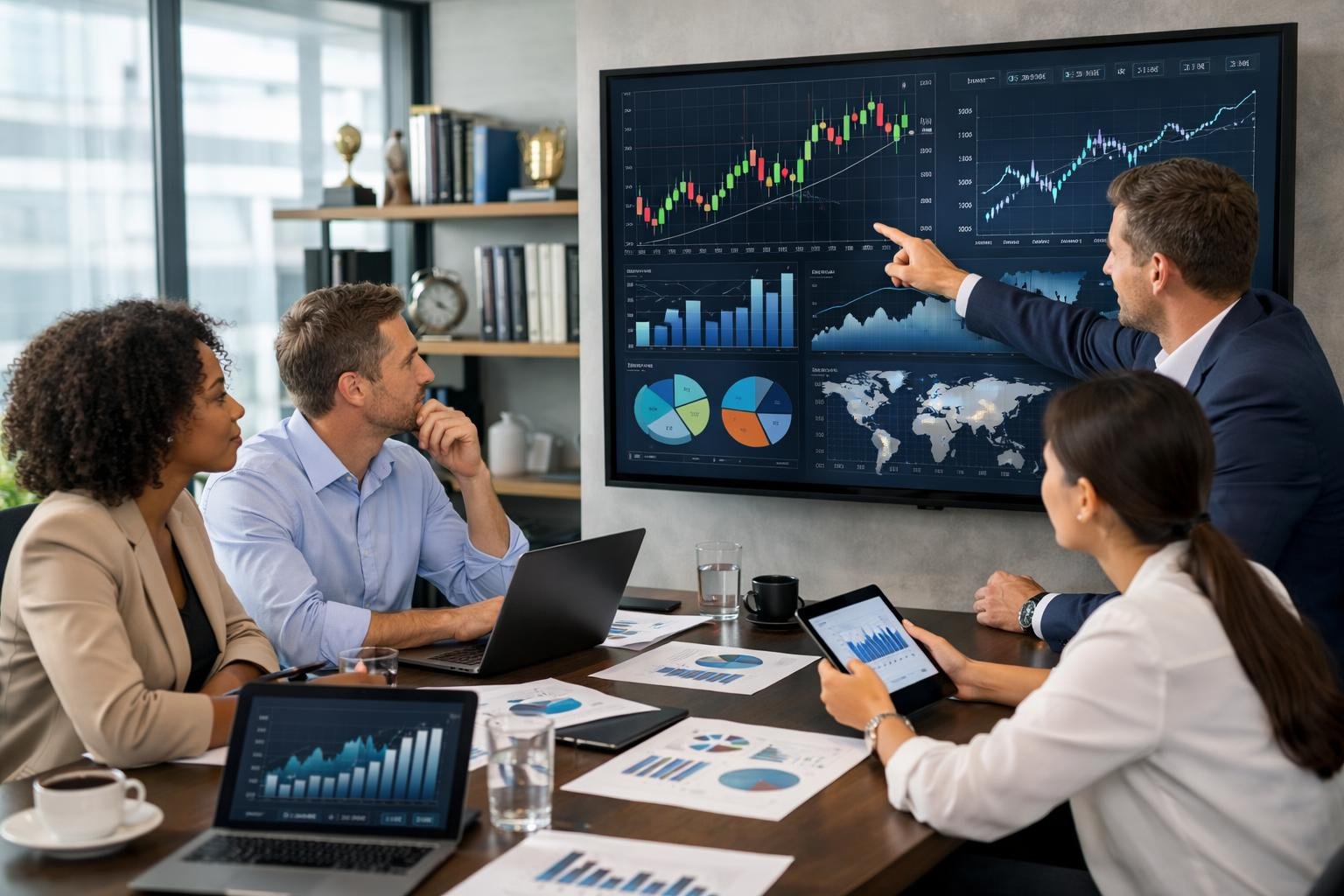 Des professionnels en réunion autour d'une table avec des graphiques financiers et un écran affichant des données, dans un bureau moderne lumineux.