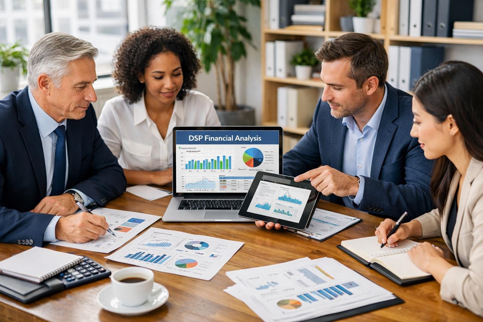 Un groupe de professionnels en réunion autour d'une table avec des documents financiers et un ordinateur portable dans un bureau lumineux.