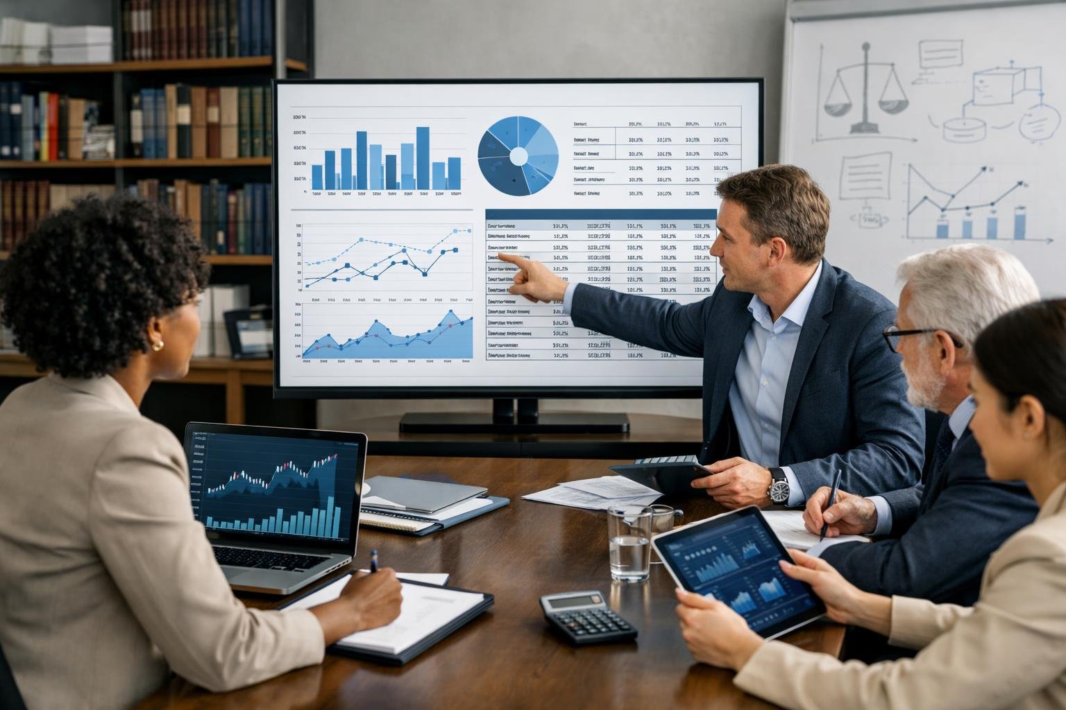 Un groupe de professionnels en réunion autour d'une table avec des écrans affichant des graphiques financiers, discutant de l'équilibre financier d'un contrat.