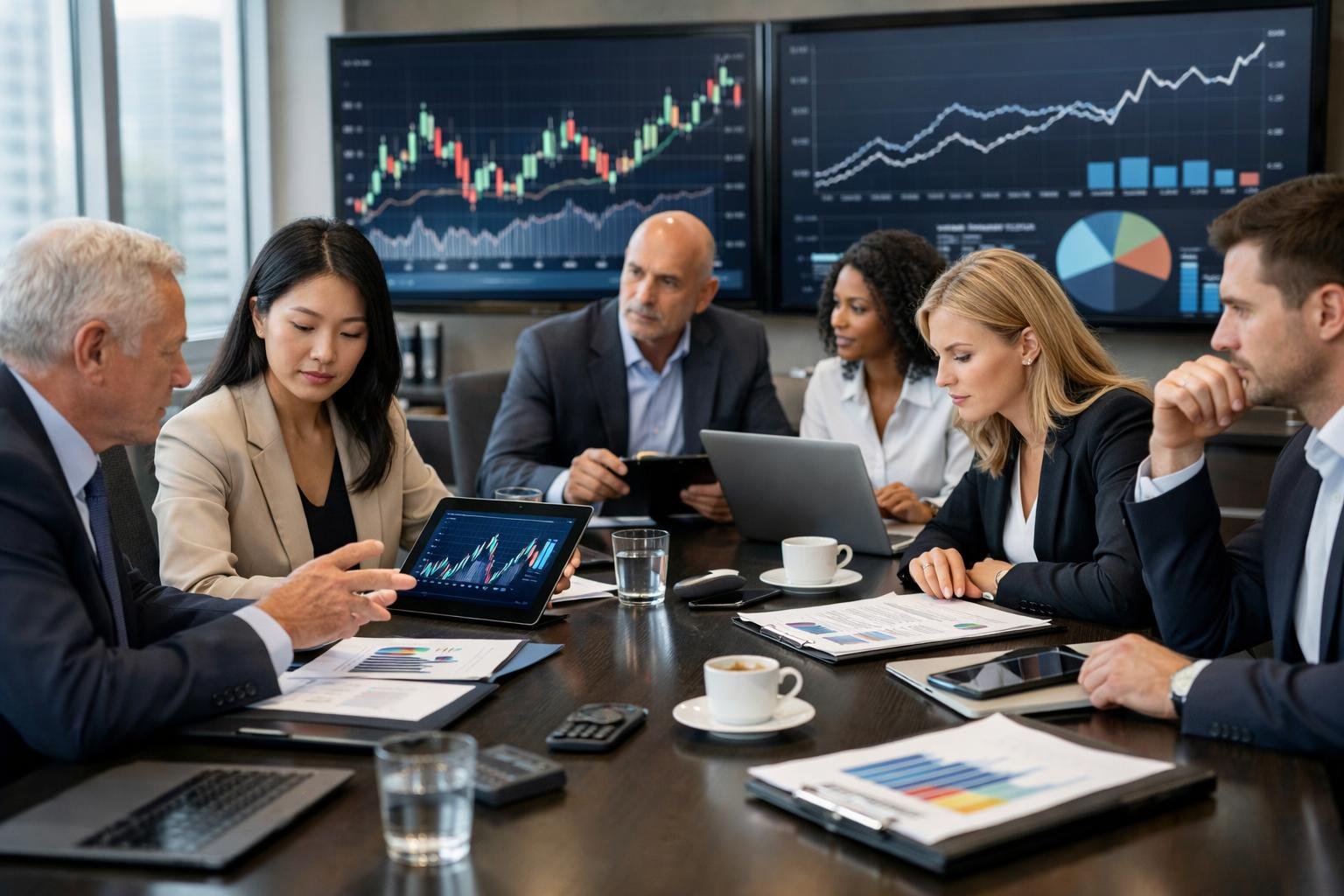 Des professionnels en réunion autour d'une table de conférence, analysant des graphiques financiers sur des écrans et des tablettes dans un bureau lumineux.