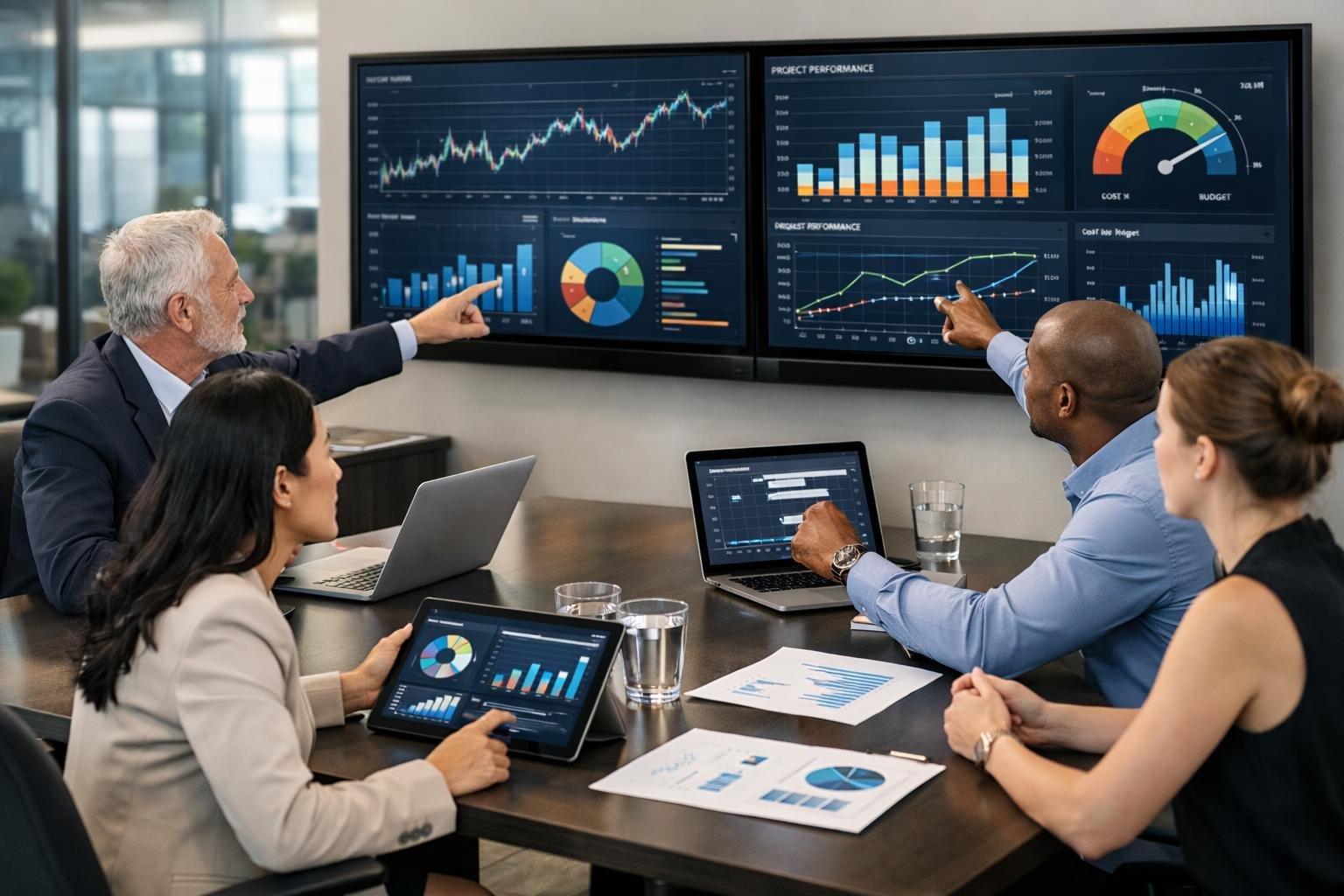 Des professionnels en réunion dans un bureau moderne, analysant des graphiques financiers sur des écrans lors d'une séance de suivi de la performance financière.