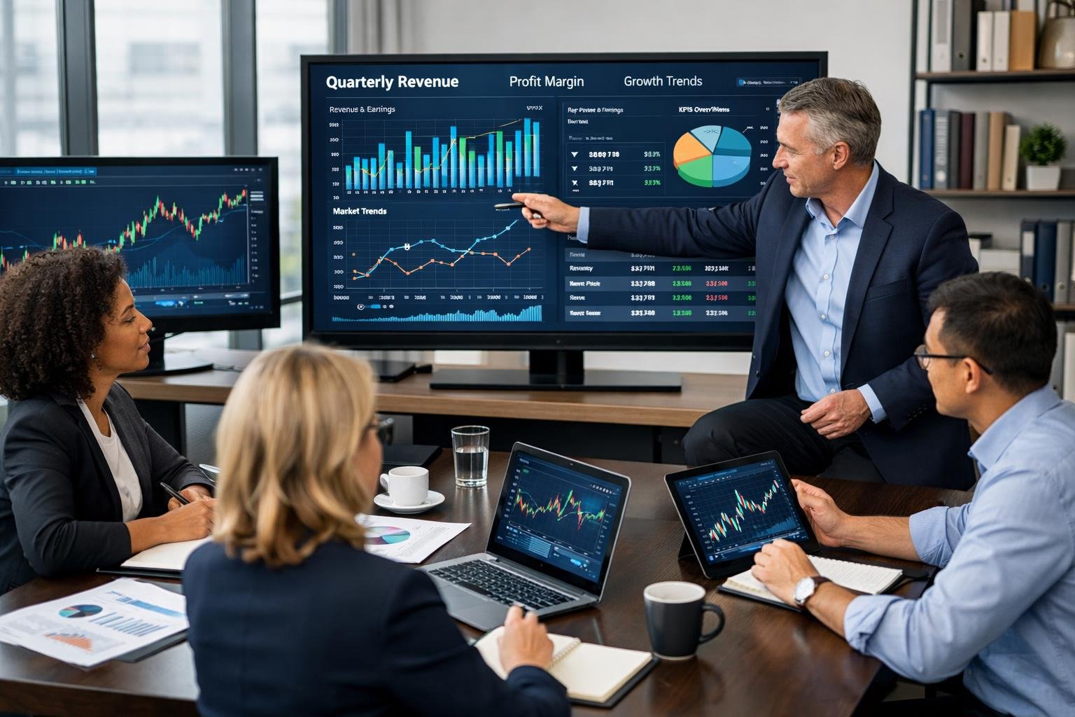 Des professionnels en réunion autour d'une table avec des écrans affichant des graphiques financiers dans un bureau lumineux.