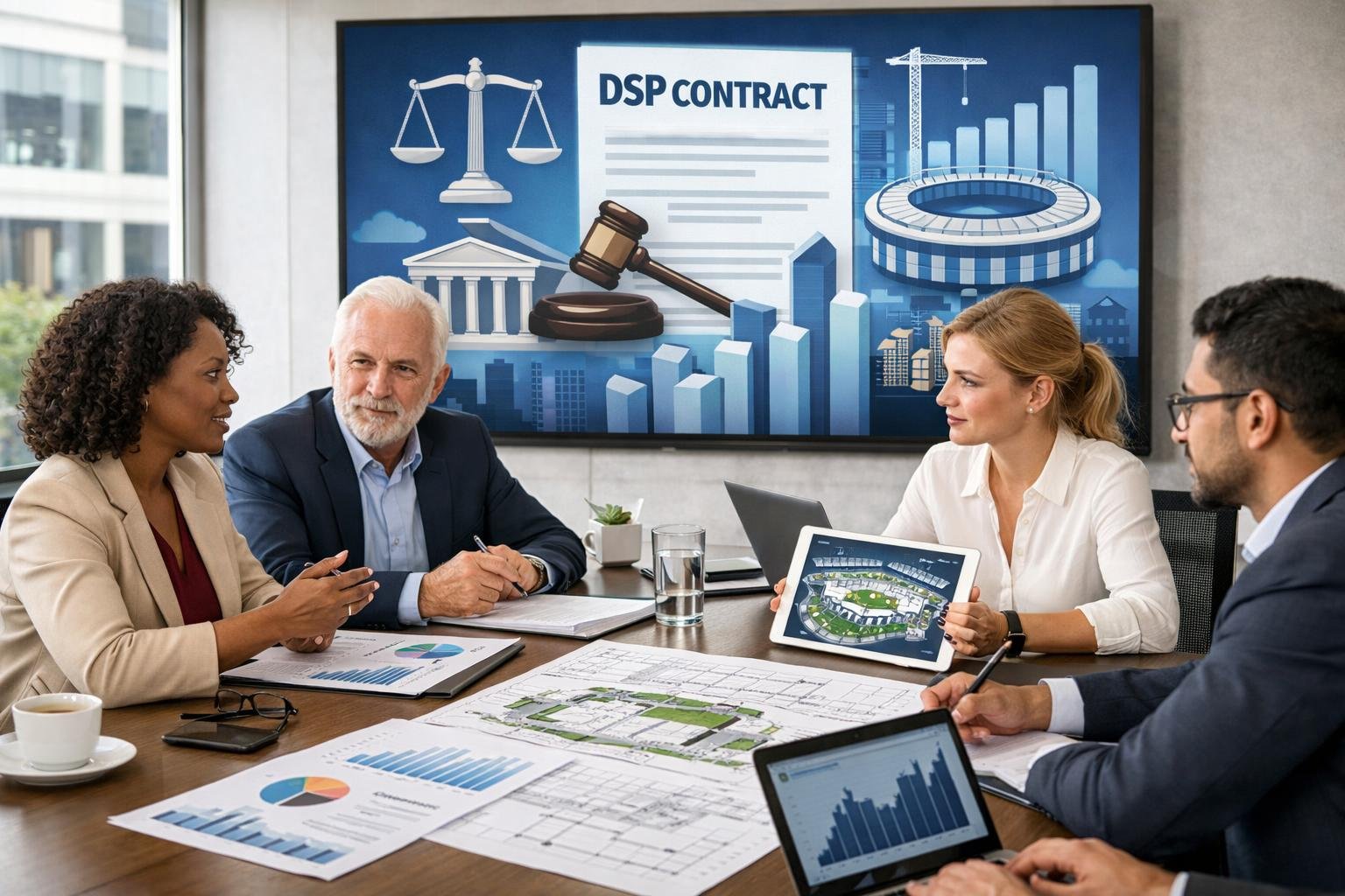 Des professionnels en réunion dans un bureau moderne, discutant de contrats liés aux équipements sportifs et culturels.