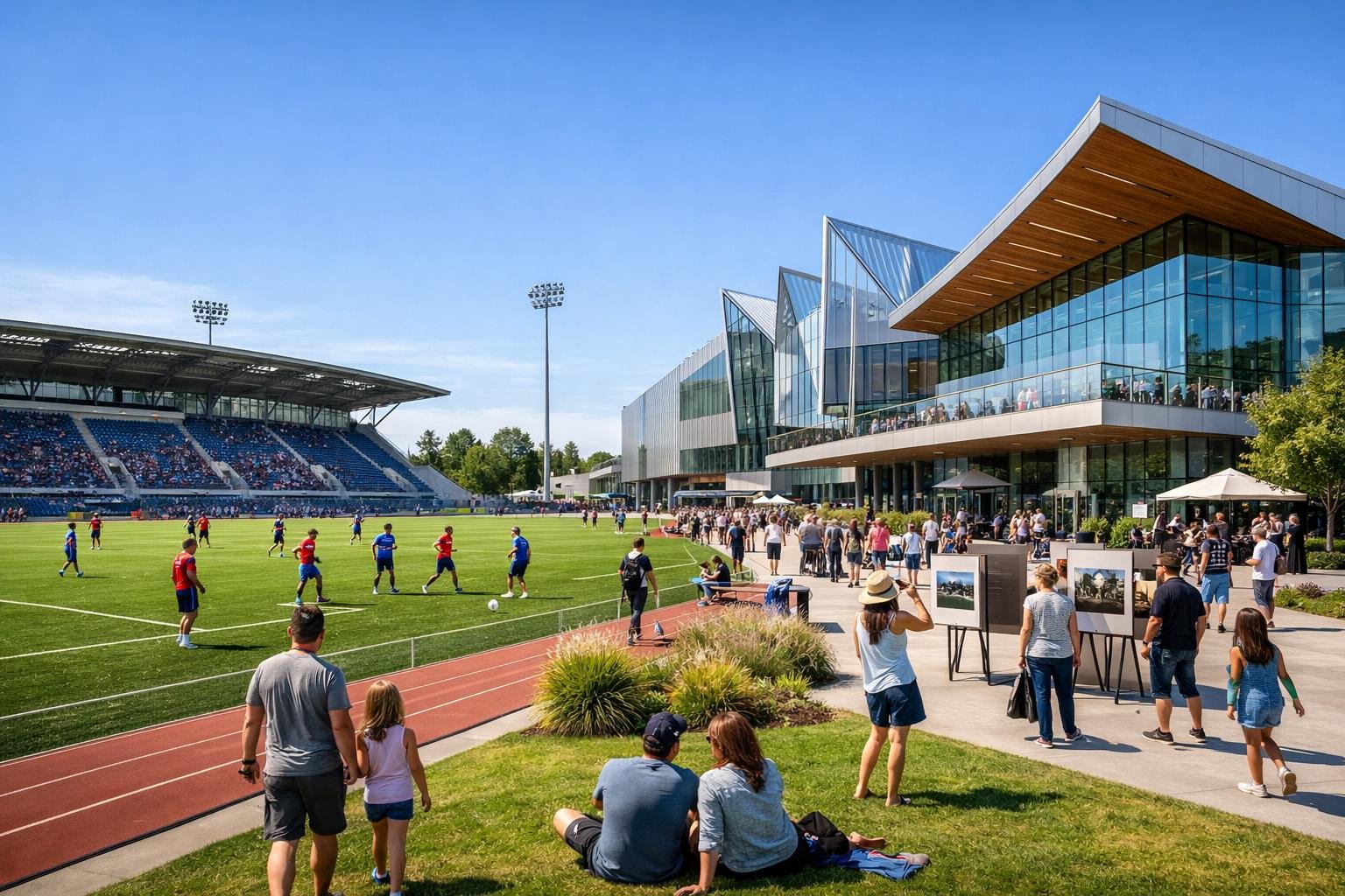 Vue d'un complexe sportif et culturel moderne avec des personnes pratiquant des activités sportives et culturelles en plein air.