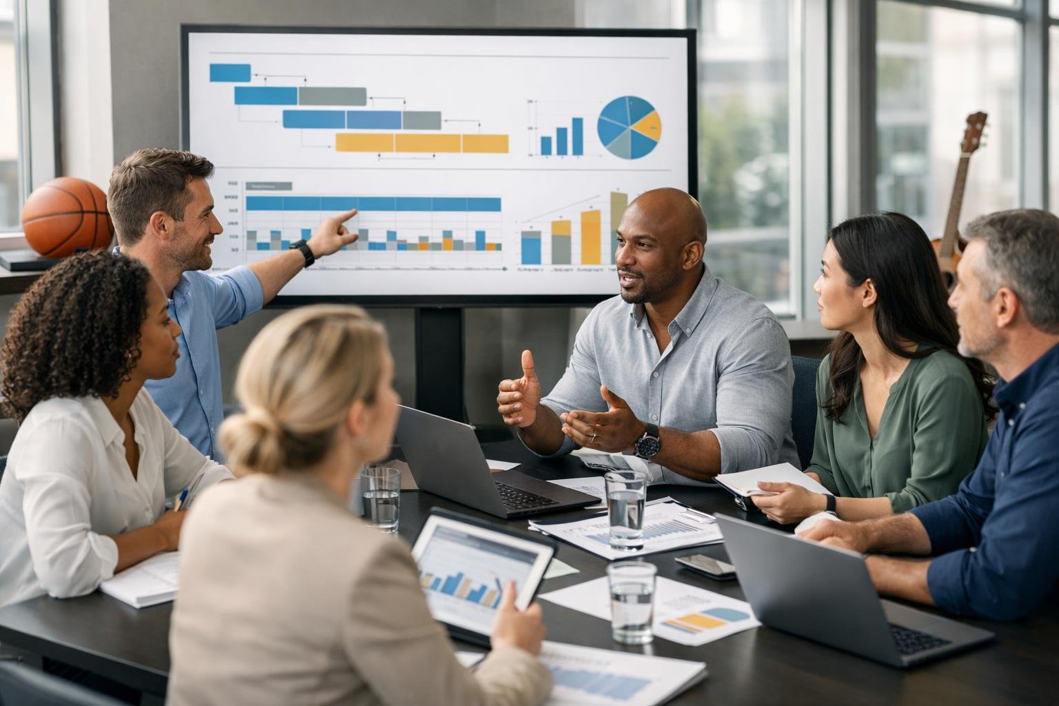 Un groupe de professionnels en réunion autour d'une table, discutant et planifiant la mise en place d'un projet lié aux équipements sportifs et culturels.