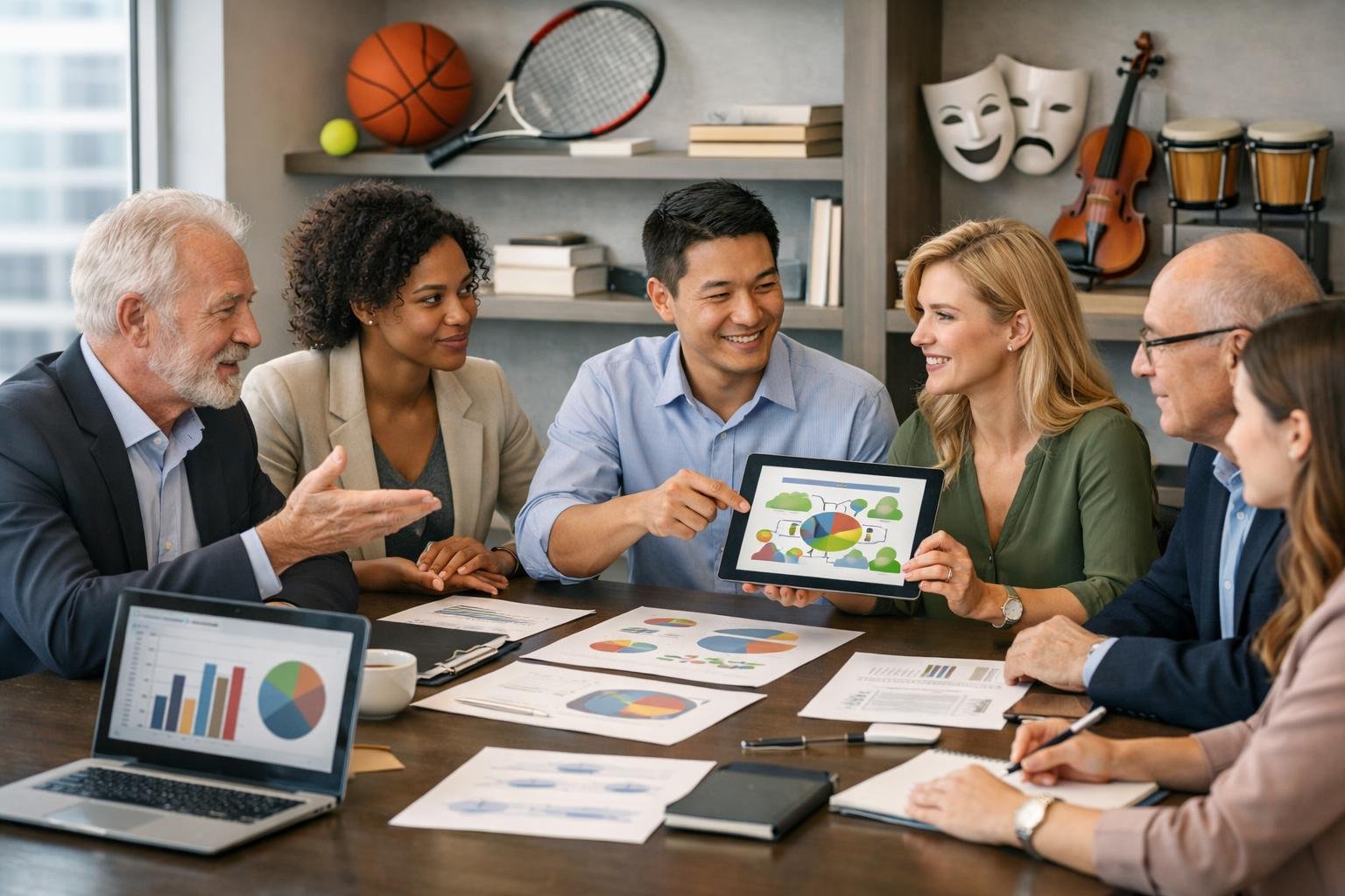 Des professionnels en réunion discutant autour d'une table avec des équipements sportifs et culturels en arrière-plan.