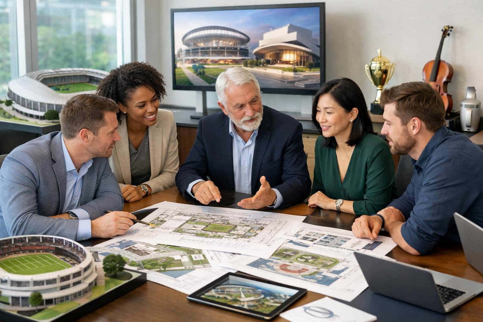 Des professionnels discutant autour d'une table dans une salle de réunion lumineuse avec des plans et des écrans représentant des équipements sportifs et culturels.