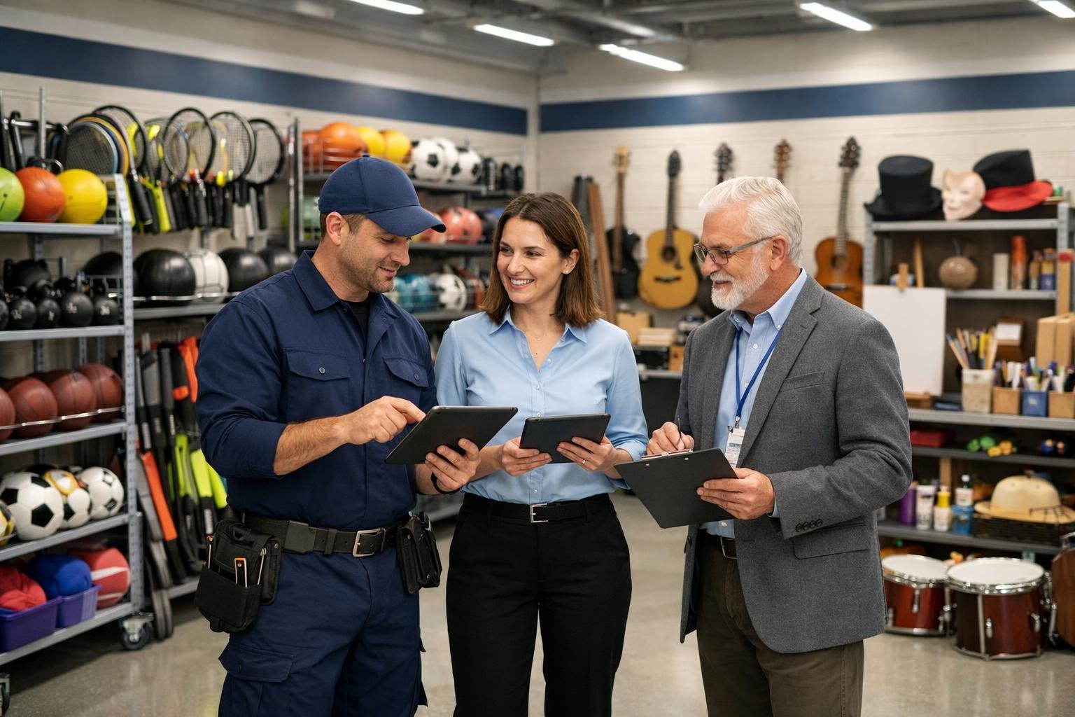 Des professionnels discutant dans une salle bien organisée avec du matériel sportif et culturel exposé sur des étagères.