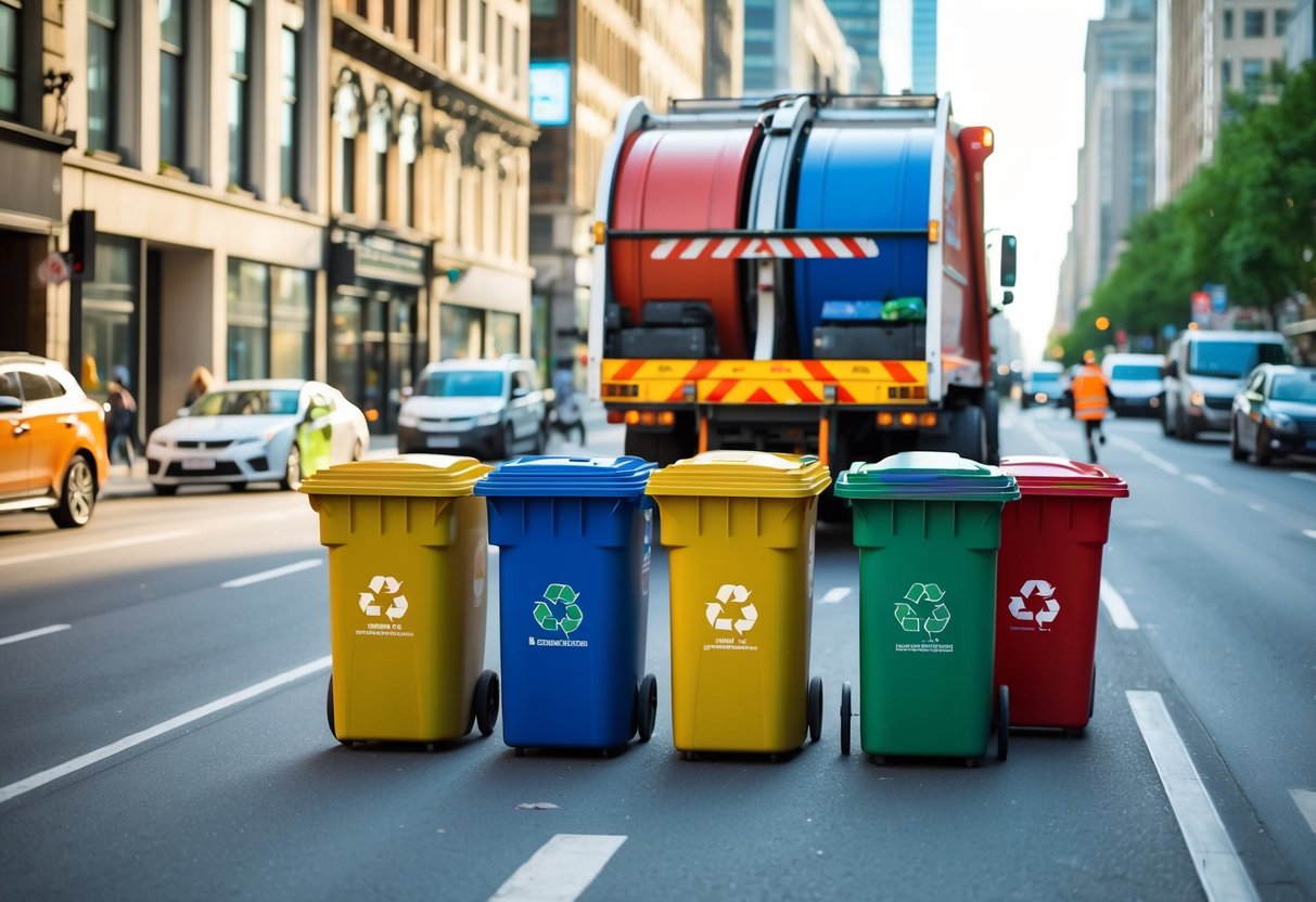Une rue animée de la ville avec des bacs de recyclage colorés et un camion de gestion des déchets collectant et traitant les déchets ménagers.