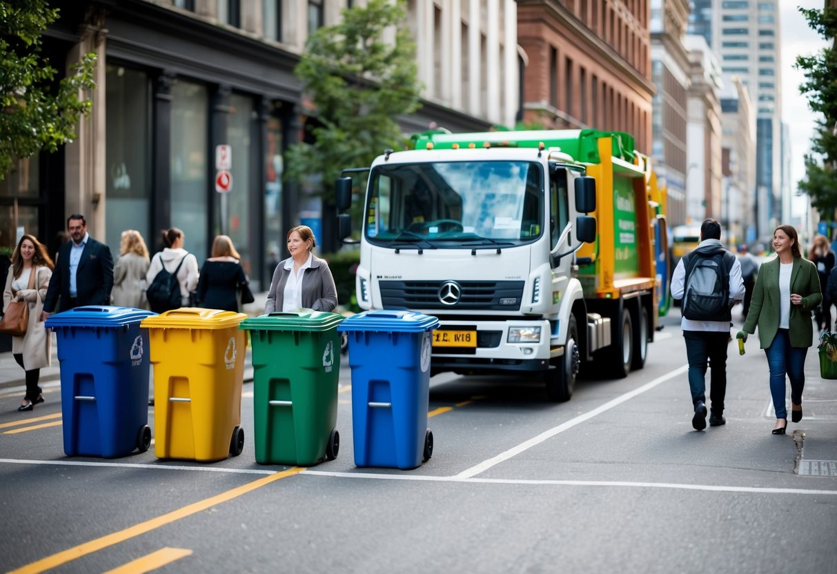 Une rue animée de la ville avec des bacs de recyclage colorés et un camion de gestion des déchets collectant les déchets ménagers. Des gens passent, entourés de bâtiments et de verdure.