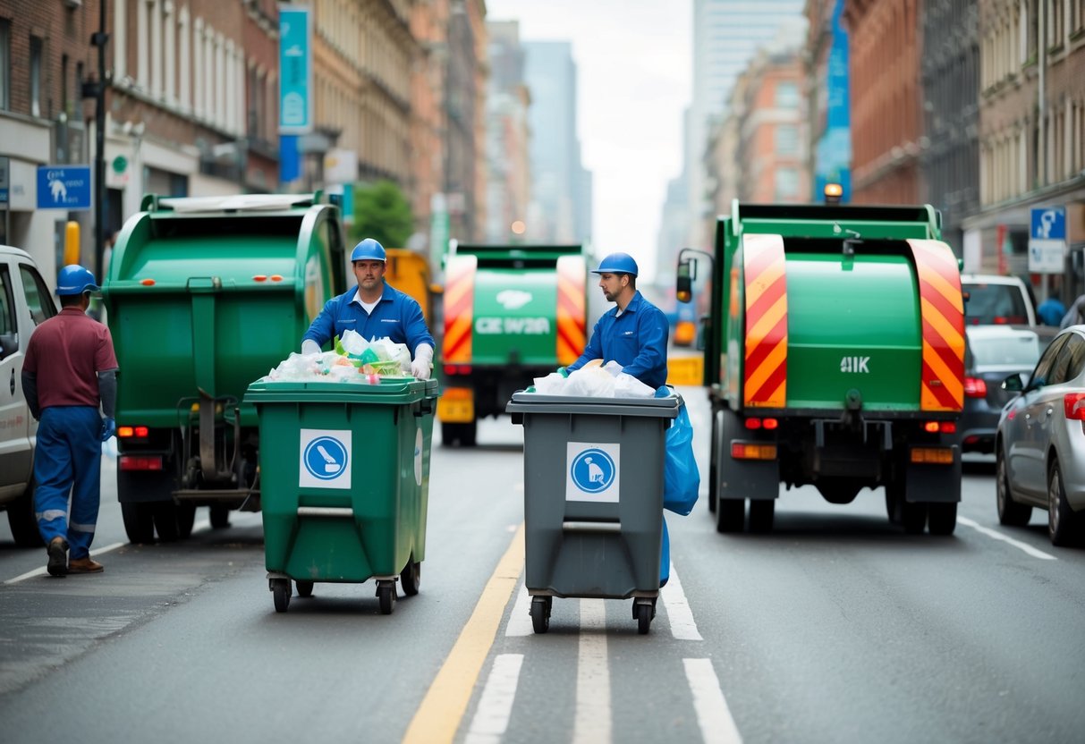 Une rue animée de la ville avec des véhicules de collecte des déchets et des travailleurs triant et traitant les ordures ménagères