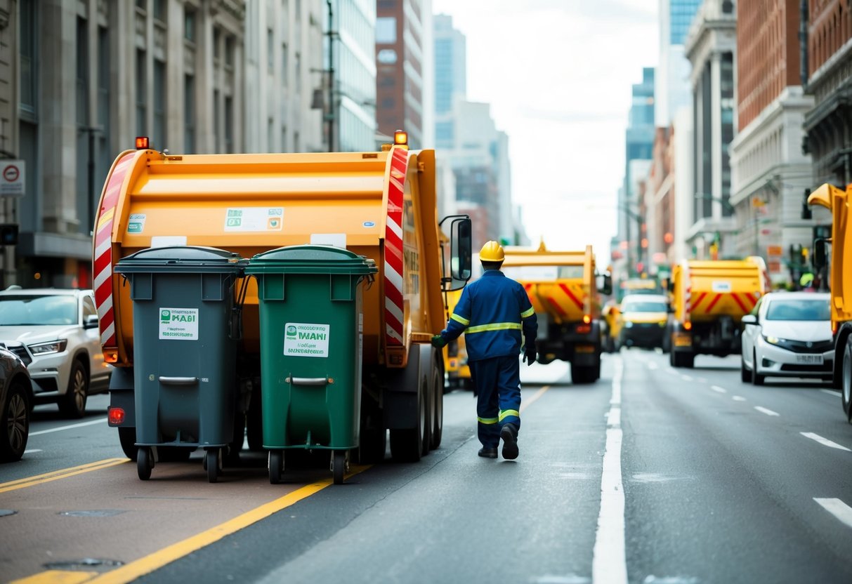 Une rue animée de la ville avec des véhicules de gestion des déchets et des travailleurs collectant et traitant les déchets ménagers.