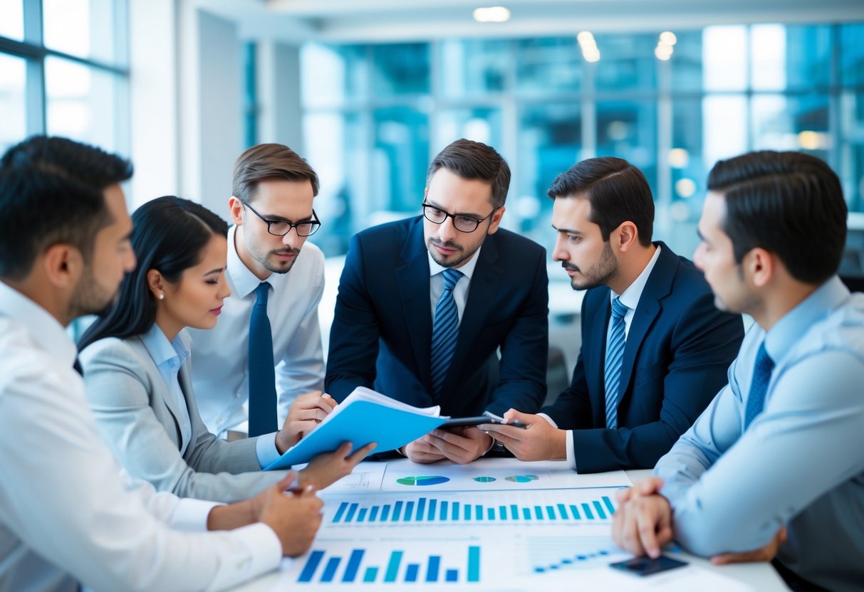 Un groupe d'ingénieurs analysant des données financières et des graphiques, discutant des risques spécifiques et des stratégies de gestion pour les entreprises d'ingénierie.