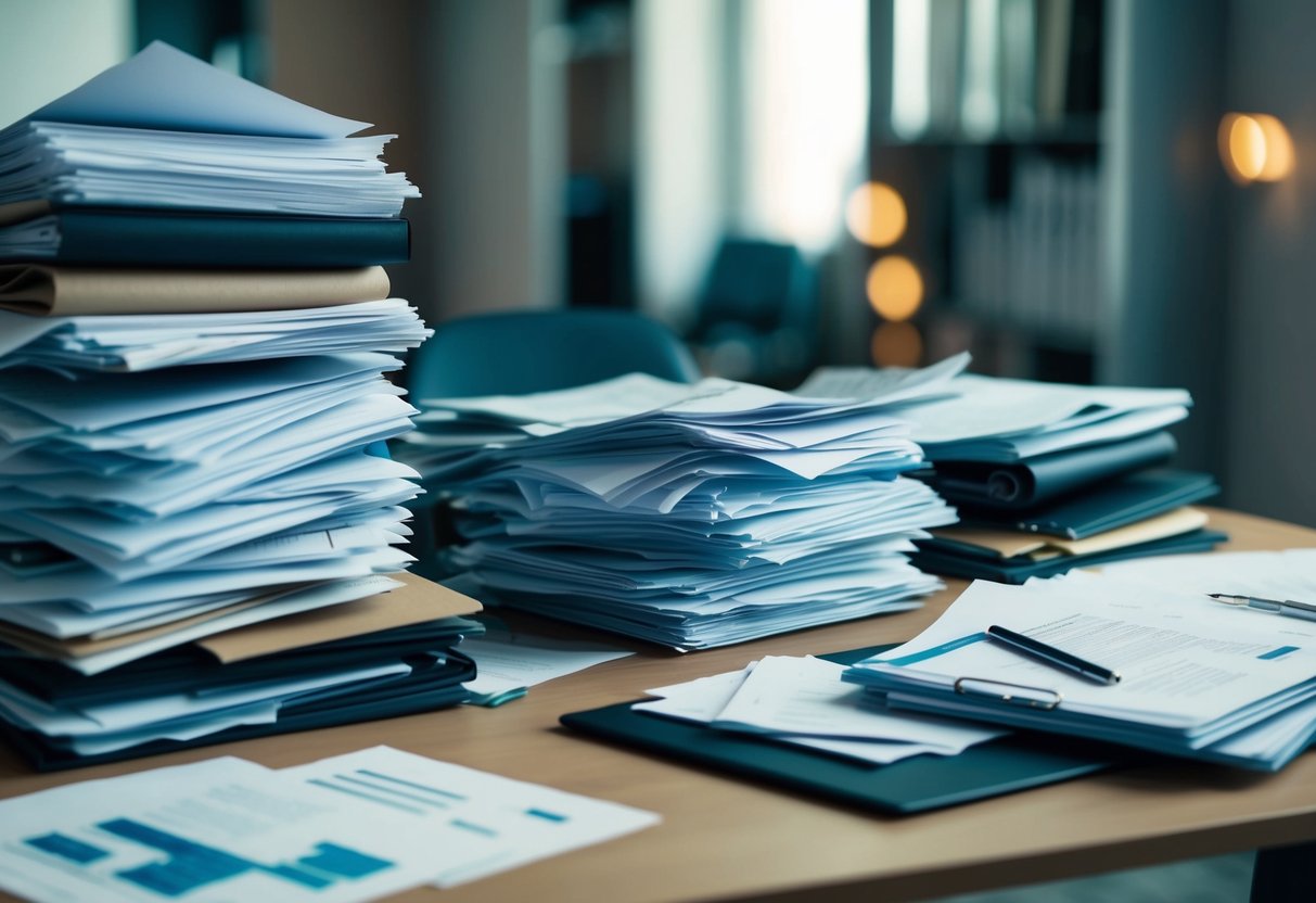Une pile de documents encombrée et désorganisée, avec des papiers éparpillés et des dossiers empilés de manière désordonnée sur un bureau.
