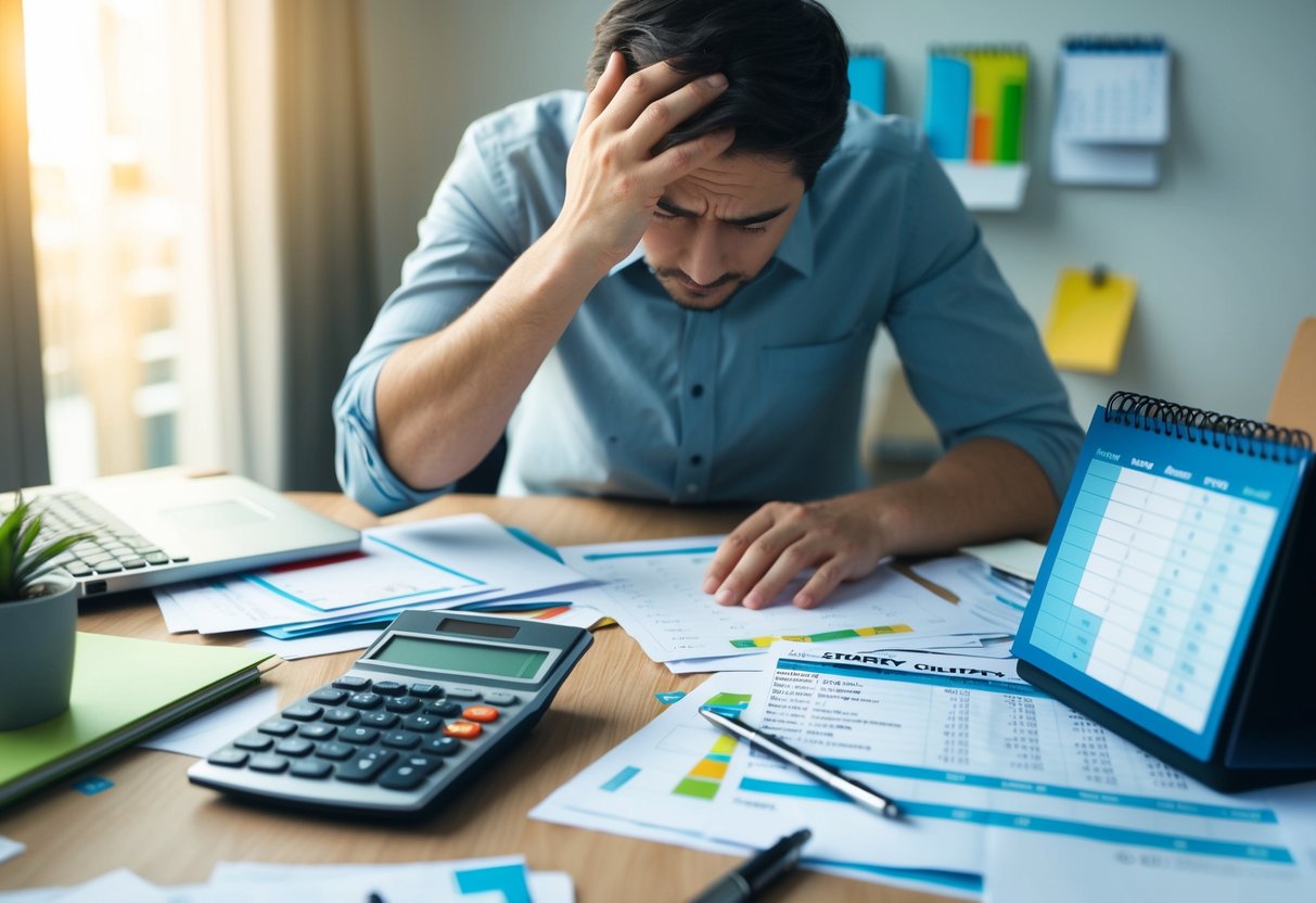 Un bureau en désordre avec des papiers éparpillés, une calculatrice et un calendrier. Une personne frustrée se grattant la tête en regardant un tableau de budget.