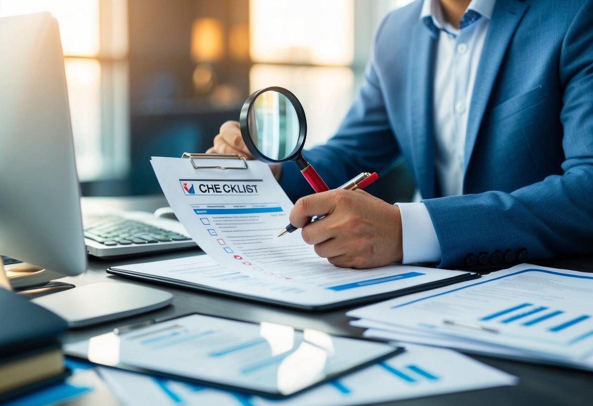 Une personne examinant un document avec une liste de contrôle, un stylo rouge et une loupe, entourée de divers documents et d'un ordinateur.