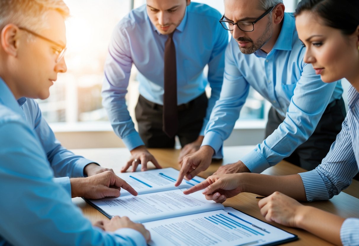 Un groupe de personnes examinant un document, signalant des erreurs et discutant des moyens de l'améliorer.