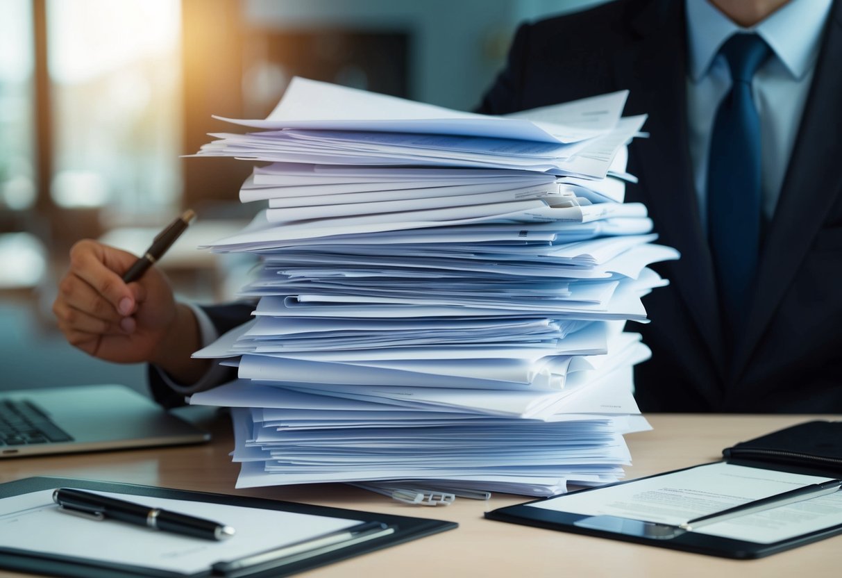 Une pile de papiers et de documents soigneusement disposés sur un bureau, avec un stylo et une règle placés à côté d'eux, prêts pour révision et signature.