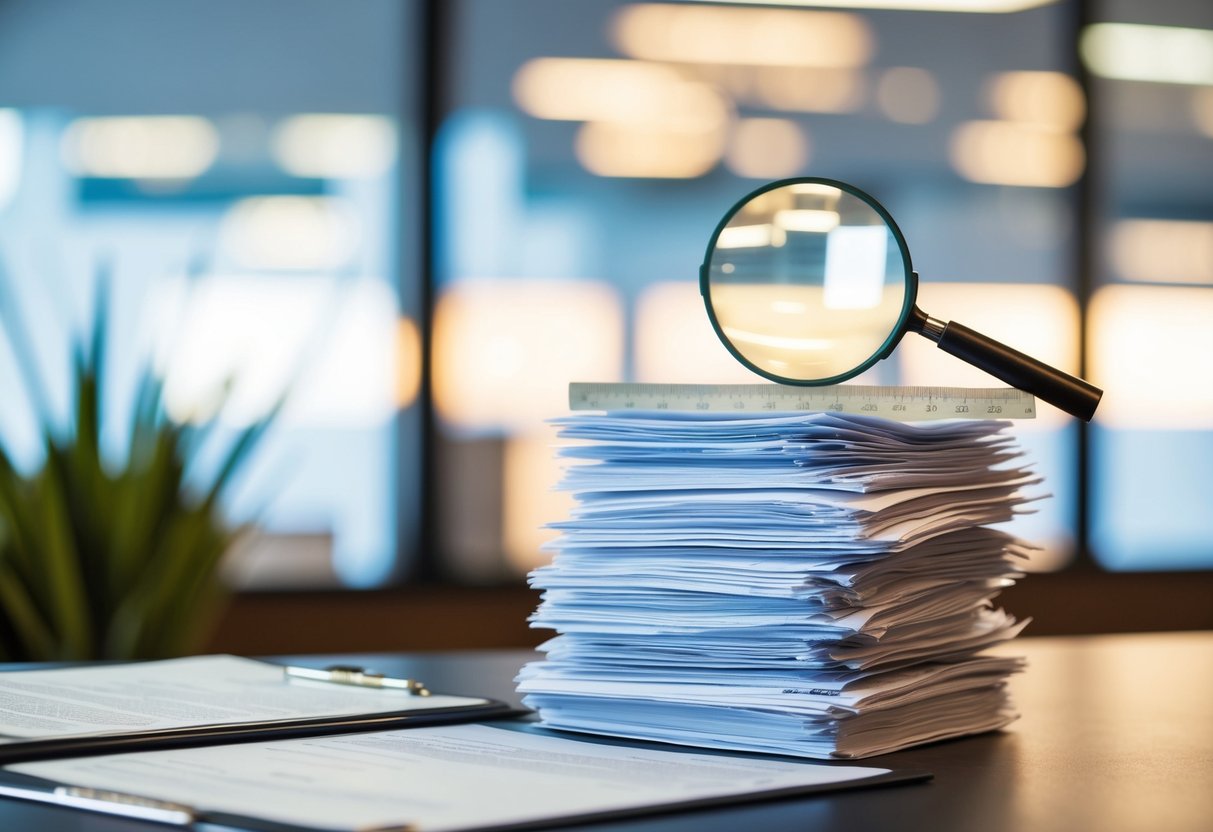 Une pile de documents juridiques et de contrats, avec une loupe et une règle sur le dessus