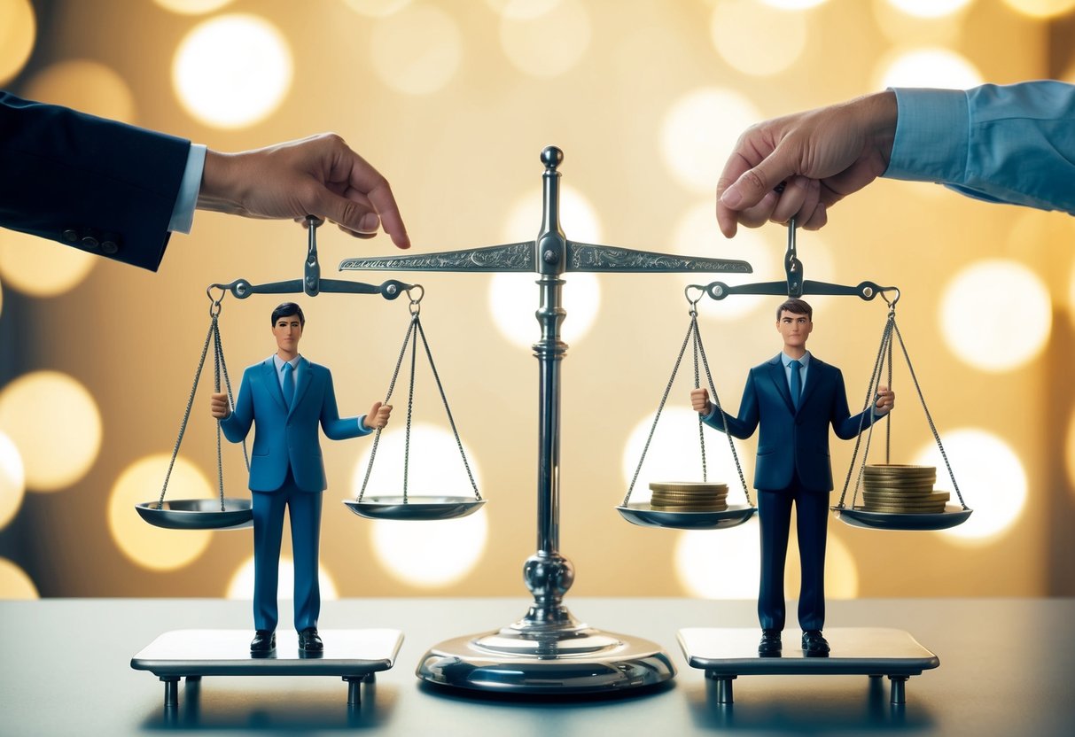Un acheteur public et un acheteur privé se tenant de part et d'autre d'une balance, chacun tenant des objets différents représentant leurs réglementations et différences respectives.