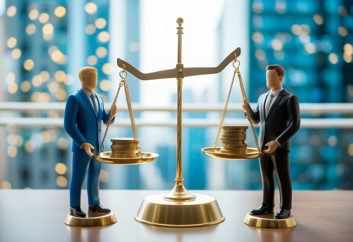 Un acheteur public et un acheteur privé se tiennent de part et d'autre d'une balance, chacun tenant son propre ensemble de priorités. Les points communs et les différences sont représentés visuellement par les objets qu'ils placent sur la balance.
