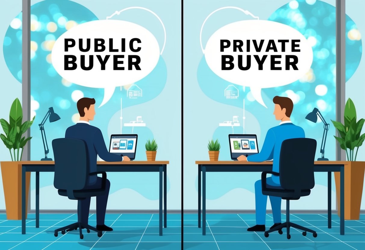 Une illustration en écran partagé montrant un acheteur public et un acheteur privé à leur lieu de travail respectif, mettant en évidence les similitudes et les différences dans leurs rôles et profils.